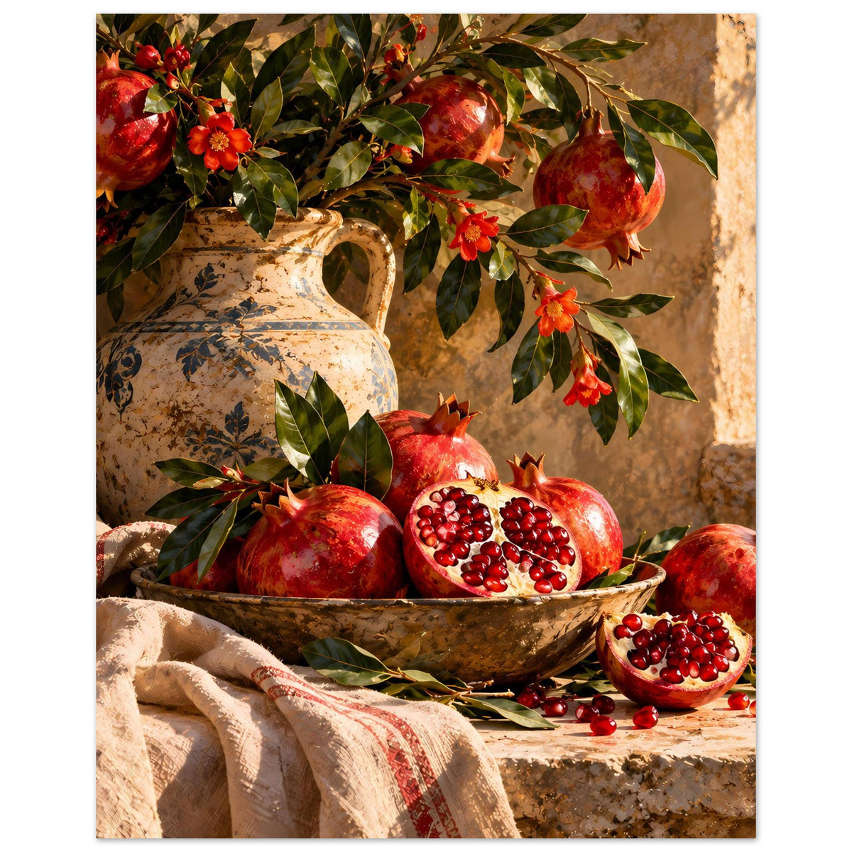Poster mit Stillleben: Granatäpfel und Schale vor Vase, rote Blütenzweige, Mattpapier