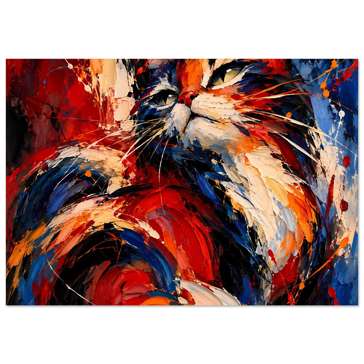 Abstraktes Katzenposter mit Pinselstrichen in Rot, Blau und Beige, breit angelegt