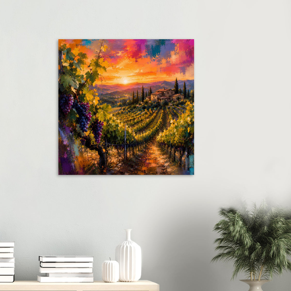 Poster mit toskanischem Weinberg, Landhaus und Sonnenuntergang, buntes Farbspektrum
