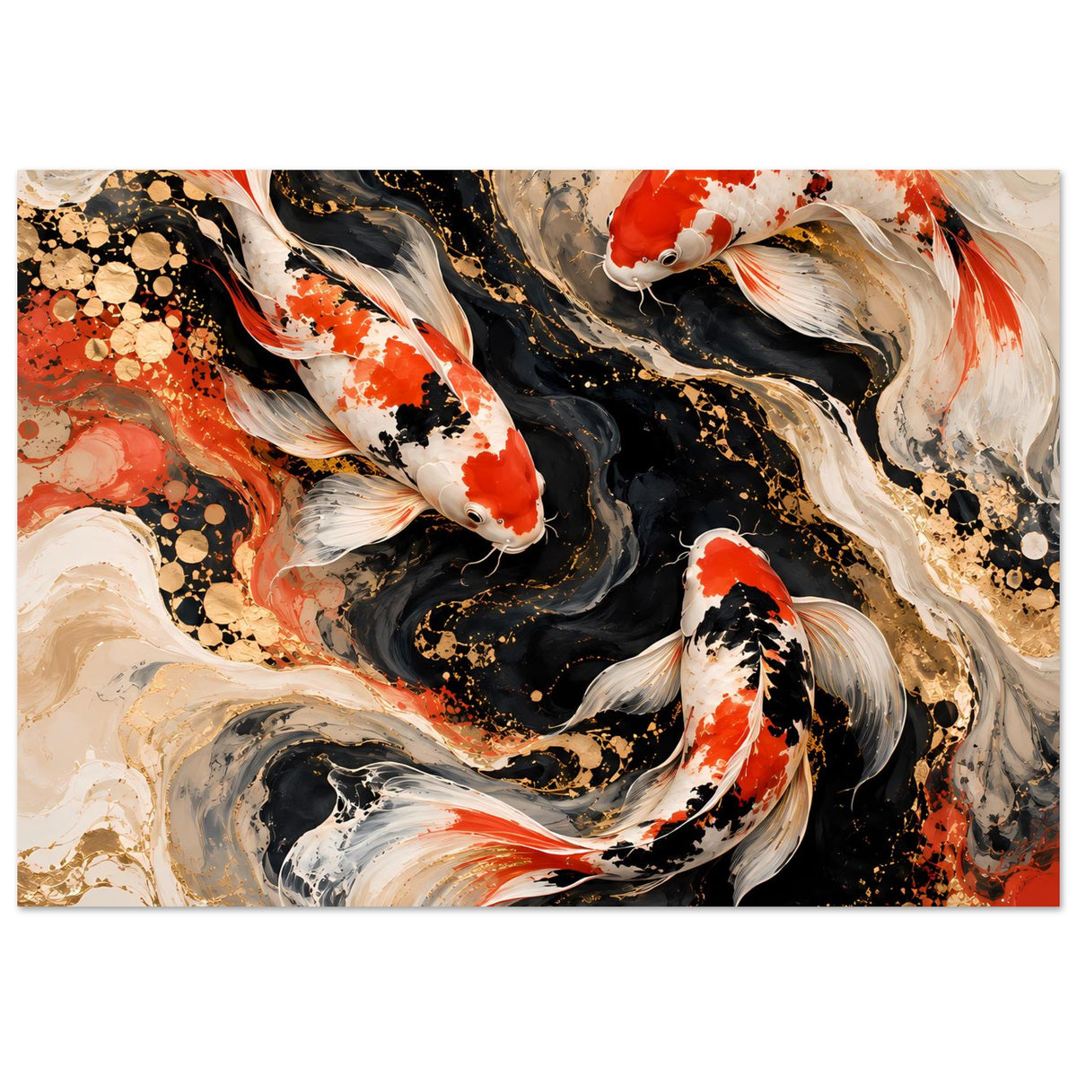 Kunstposter mit Koi-Fischen in Schwarz, Weiß und Rot, detaillierte Farbverläufe, Querformat