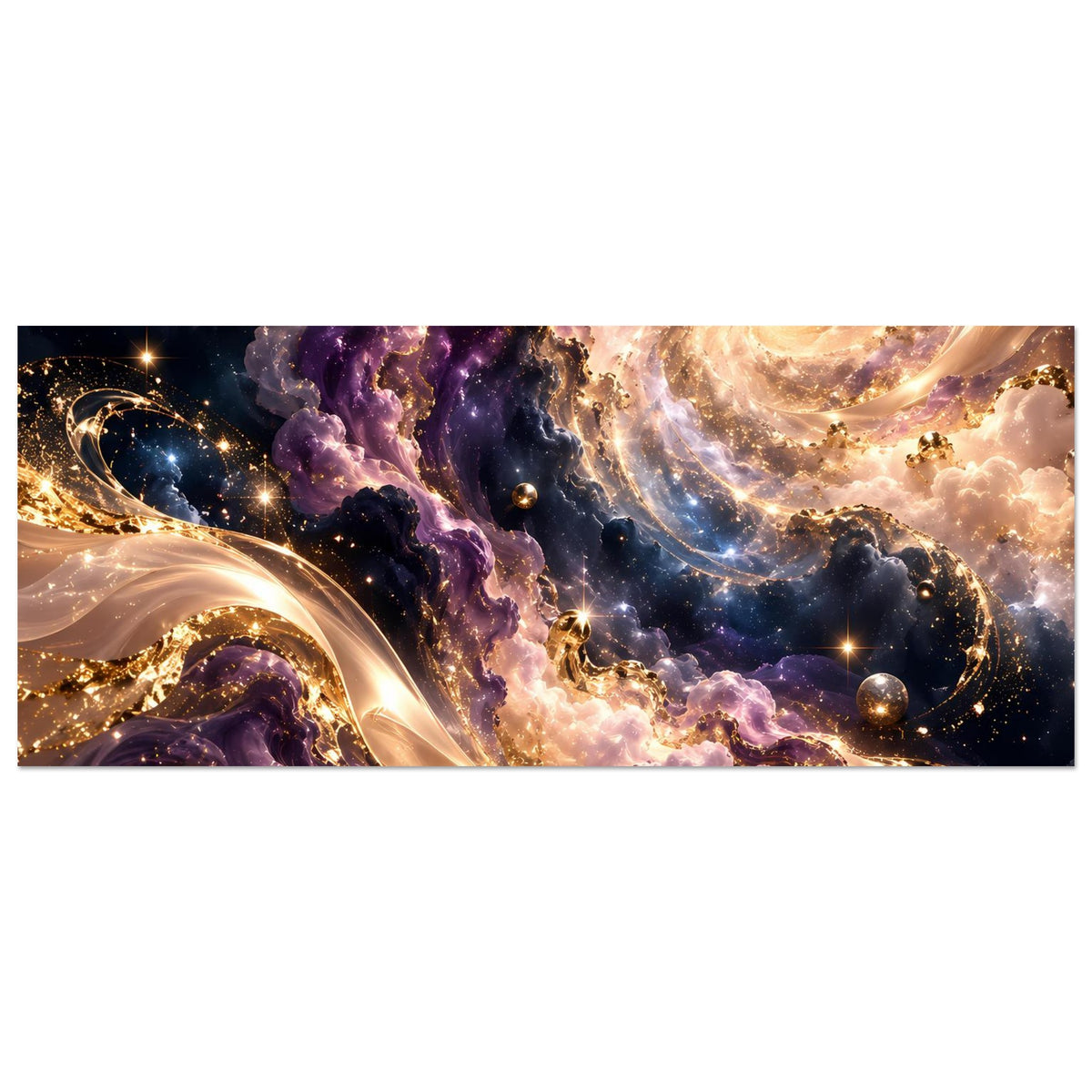 Kosmischer Kunstdruck mit violetten Wolken, goldenen Flammenlinien und Sternen, breit