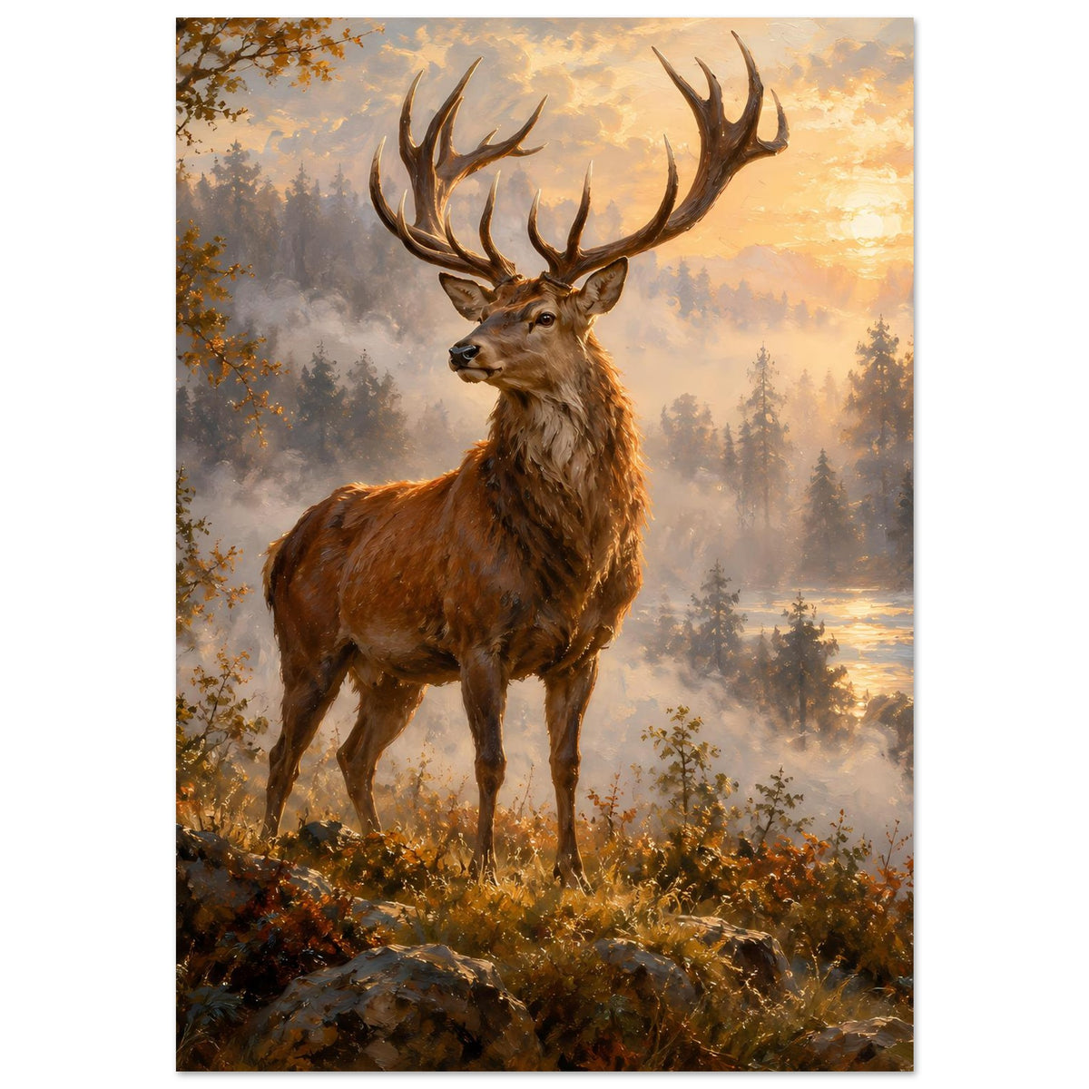 Hirsch-Sunrise-Poster im Wald, goldene Abendsonne im Hintergrund