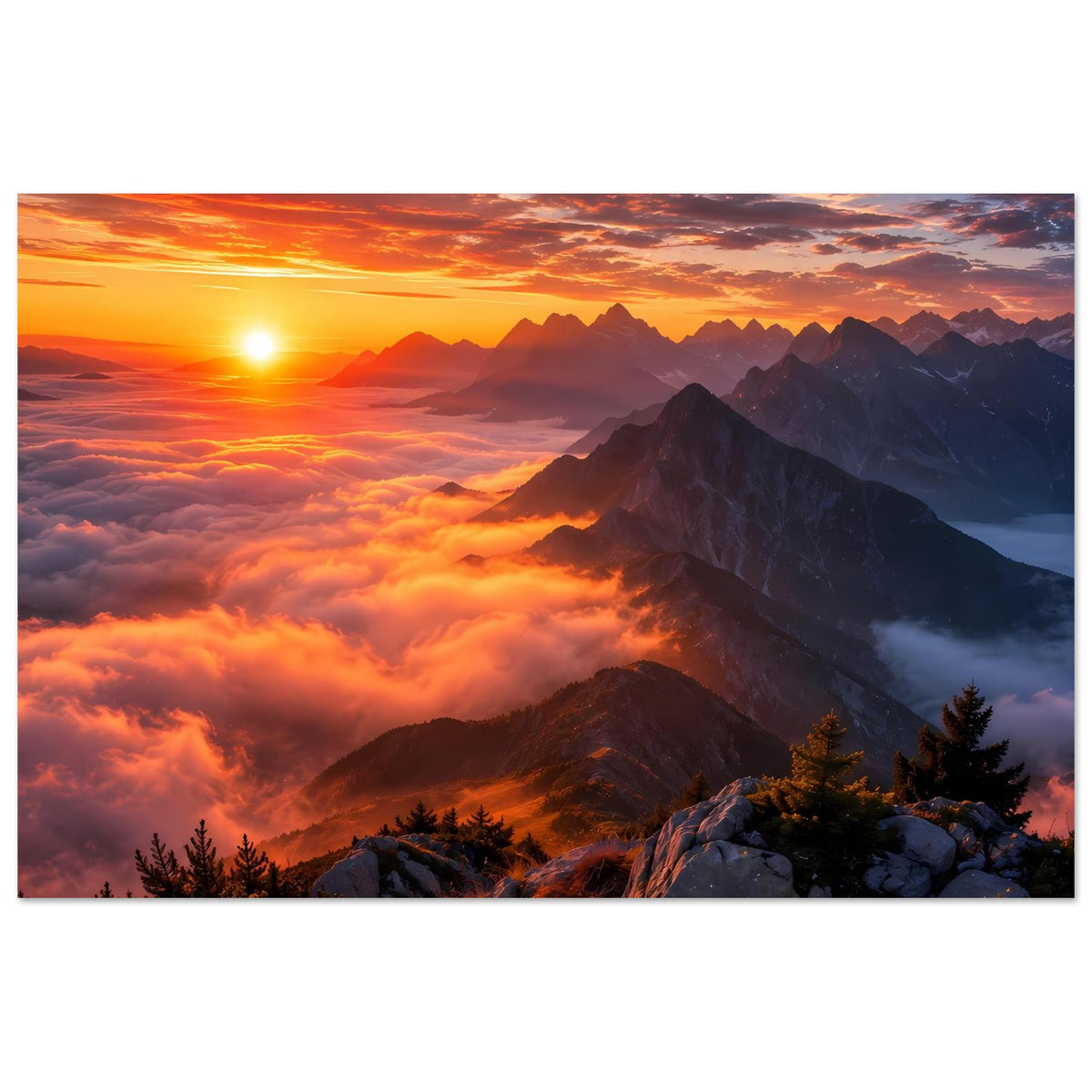 Poster im Querformat mit Blick auf Sonnenaufgang über Bergen und dichten Wolken
