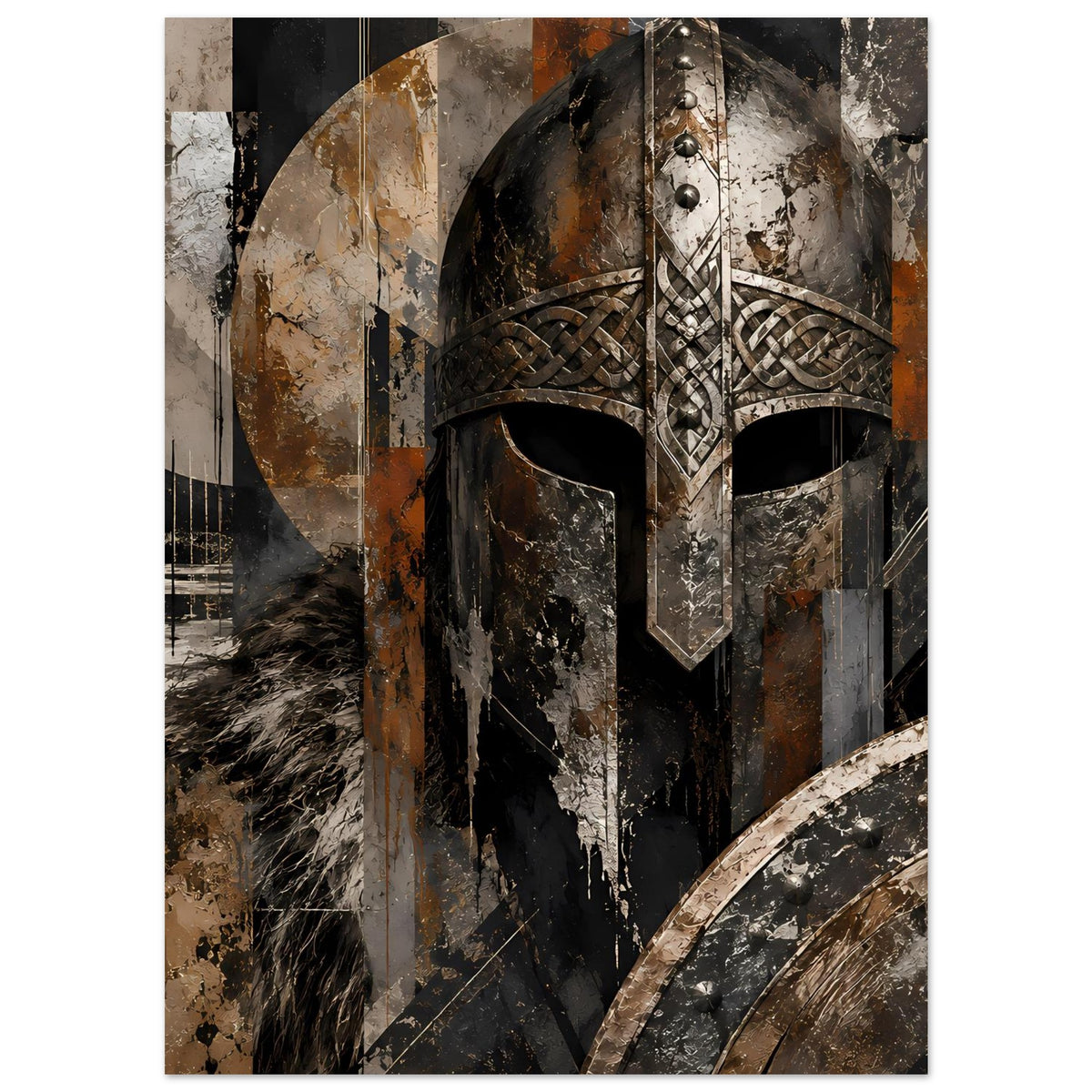 Wikinger-Krieger-Kunstposter mit Helm und Flechtornament, Rüstungselementen in Erdtönen