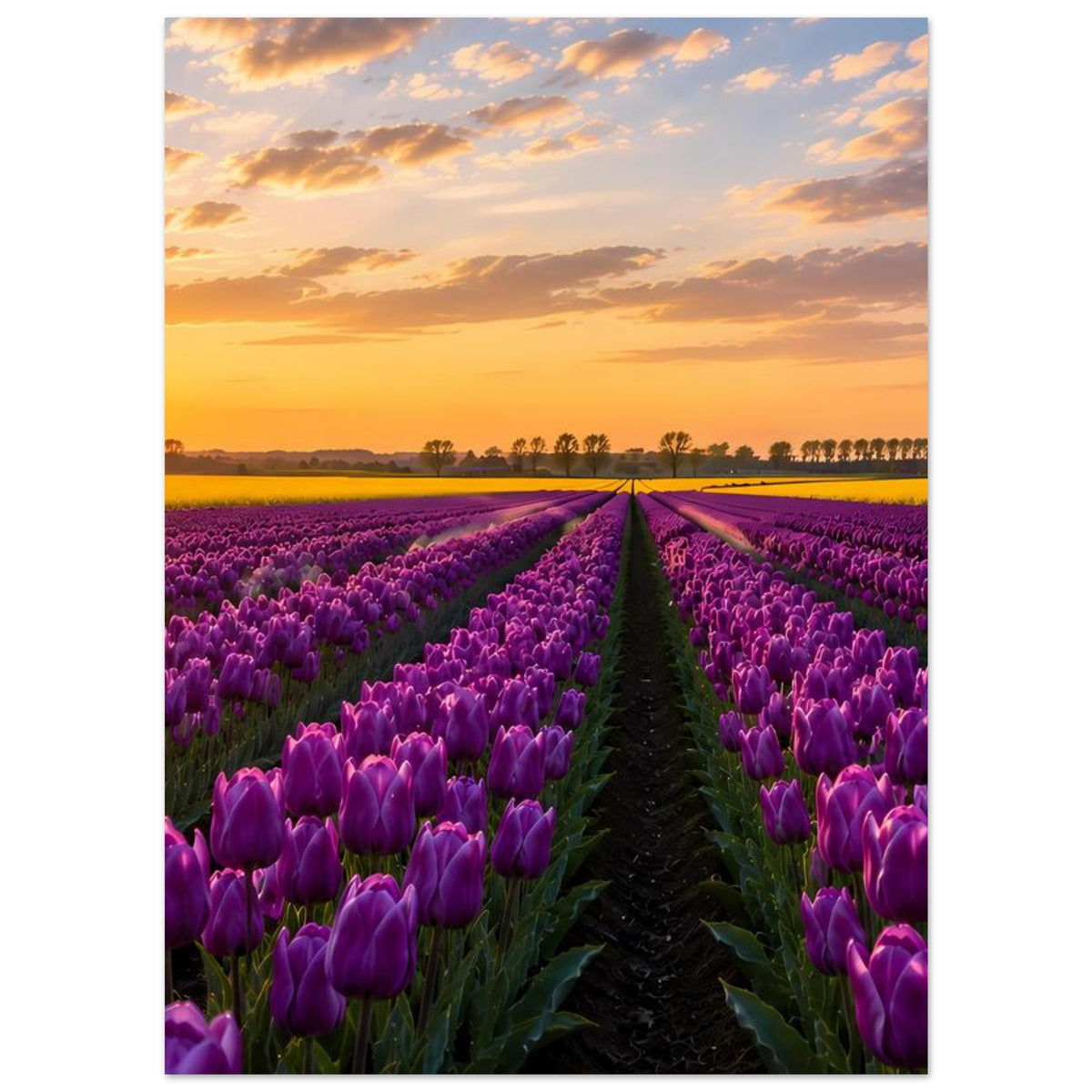 Poster mit violetten Tulpenfeldern, Mittelweg und orangefarbenem Himmel