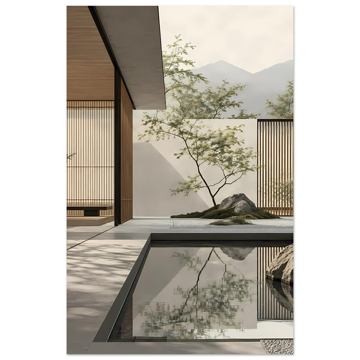 Minimalistische Zen-Wandkunst mit natürlichen und architektonischen Formen