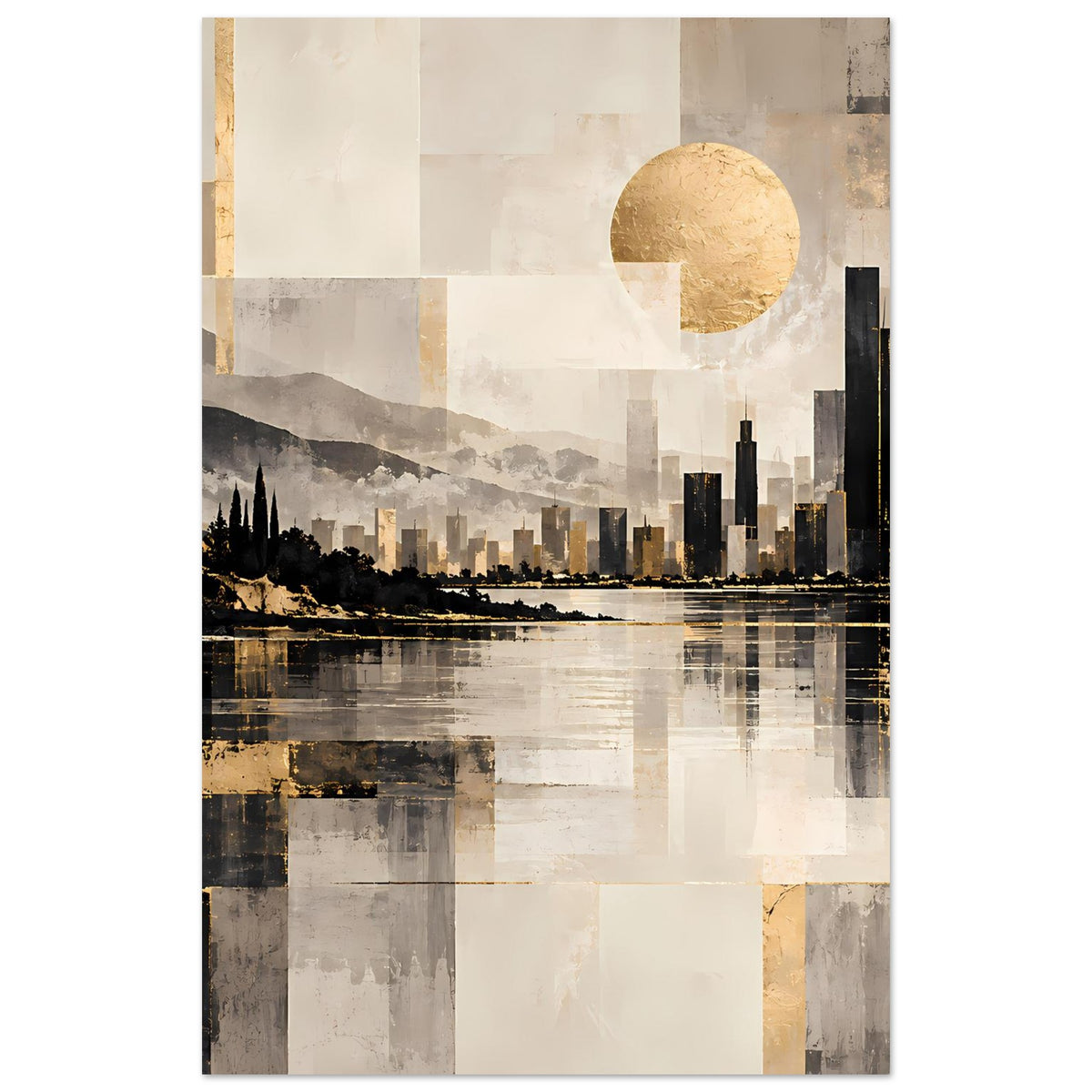 Hochformat-Cityscape-Poster mit goldener Sonne, schwarzer Skyline und spiegelndem Wasser