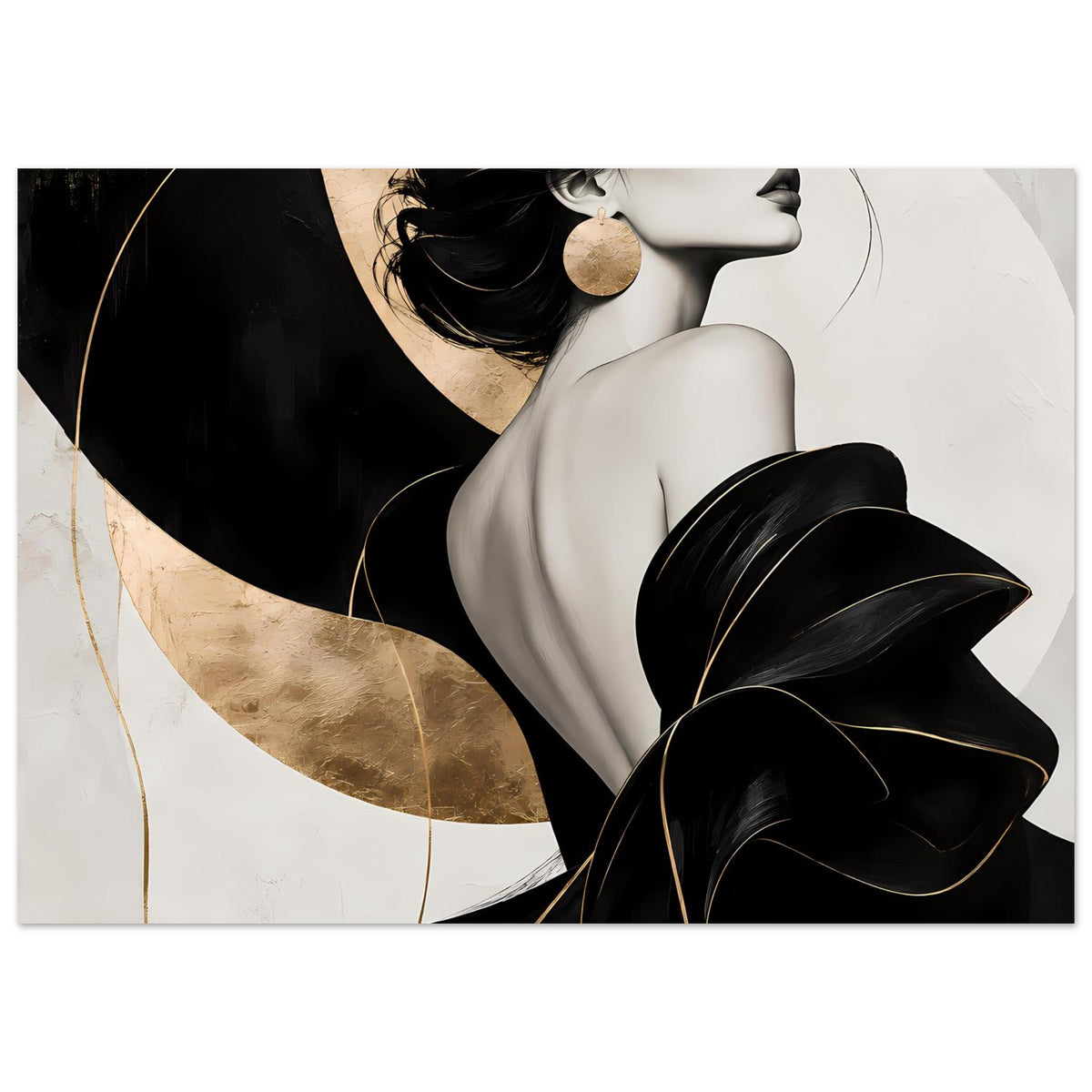 Horizontales Poster: Frau im Profil, schwarze Flächen und goldene Kreisbögen, goldener Ohrring