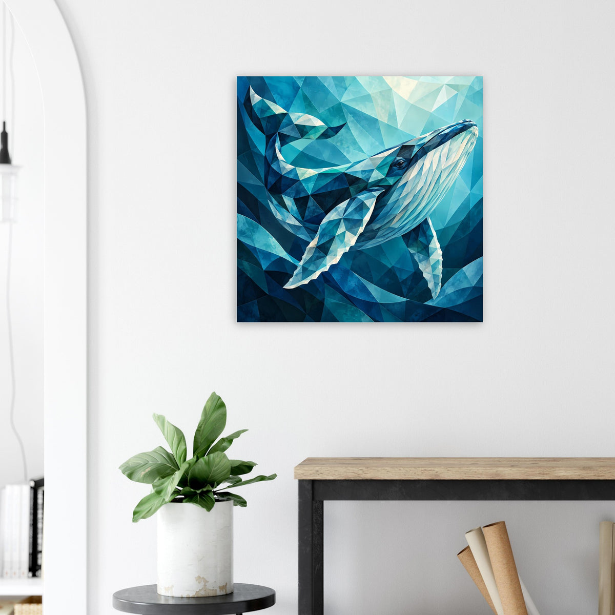 Wandposter mit geometrischem Blauwal in Blau und Aquamarin, quadratisch