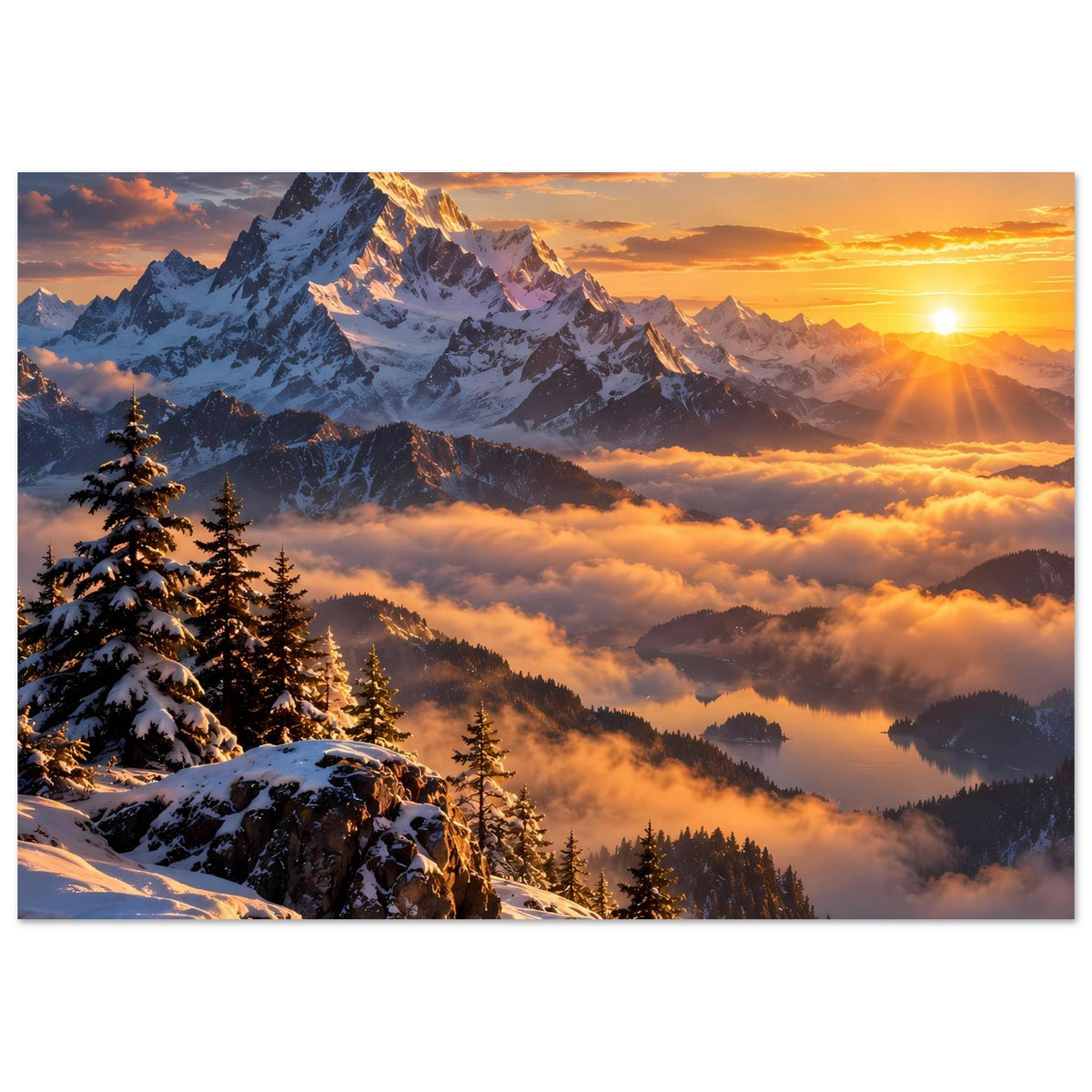 Breites Poster mit verschneiten Bergen, Tannen und goldenem Sonnenaufgang über Wolken