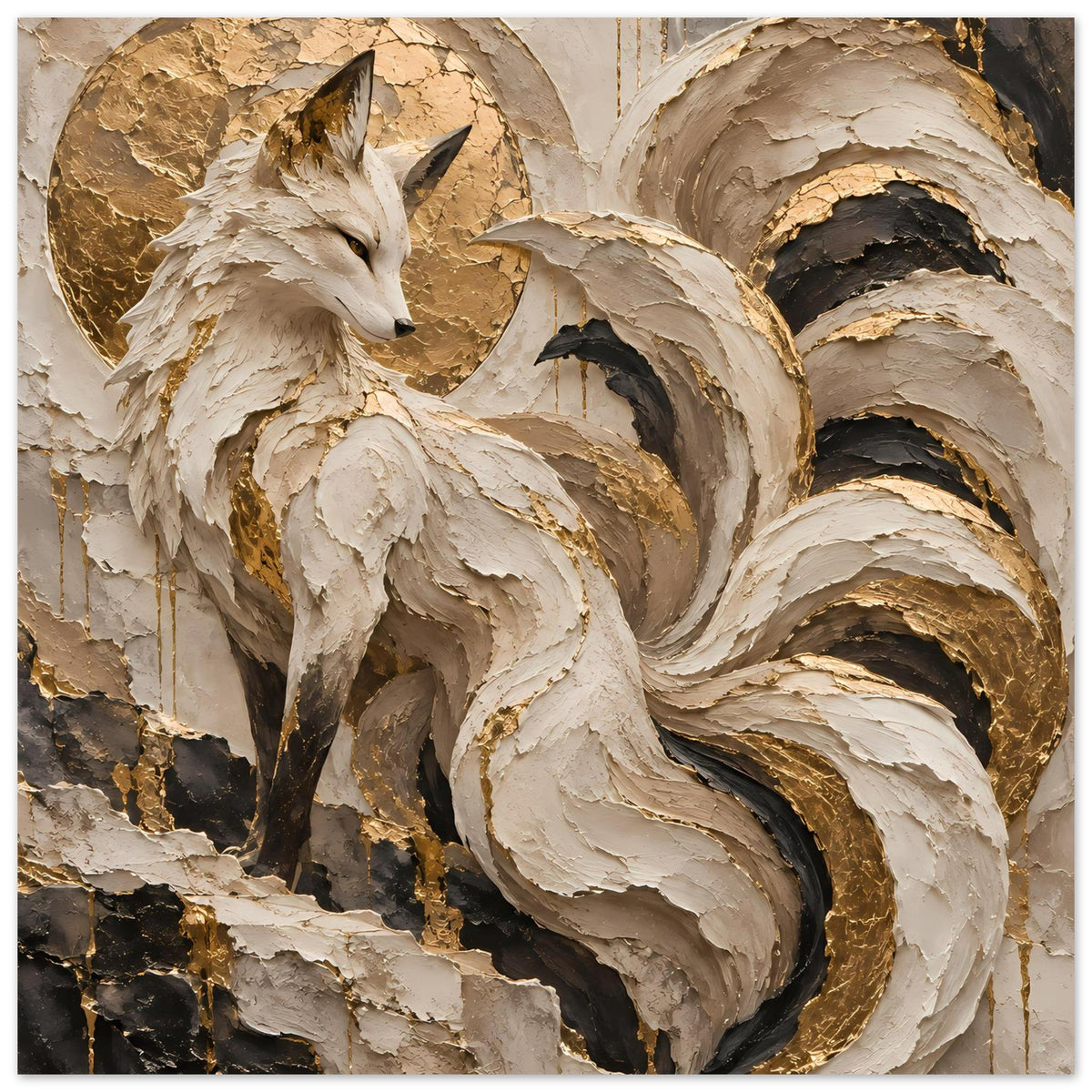 Kunstposter mit Fuchs und goldenen Akzenten, beige und schwarze Texturen im Panorama-Style