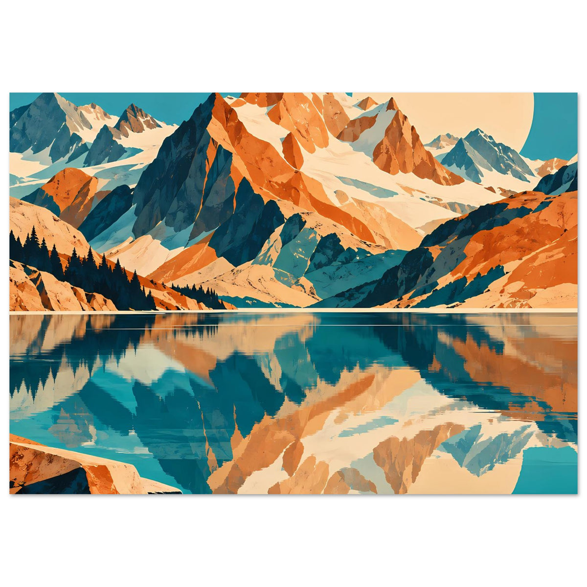 Naturposter (querformatig) mit Felsbergen und Spiegelung im See, Sonne im Hintergrund, Blau/Orange