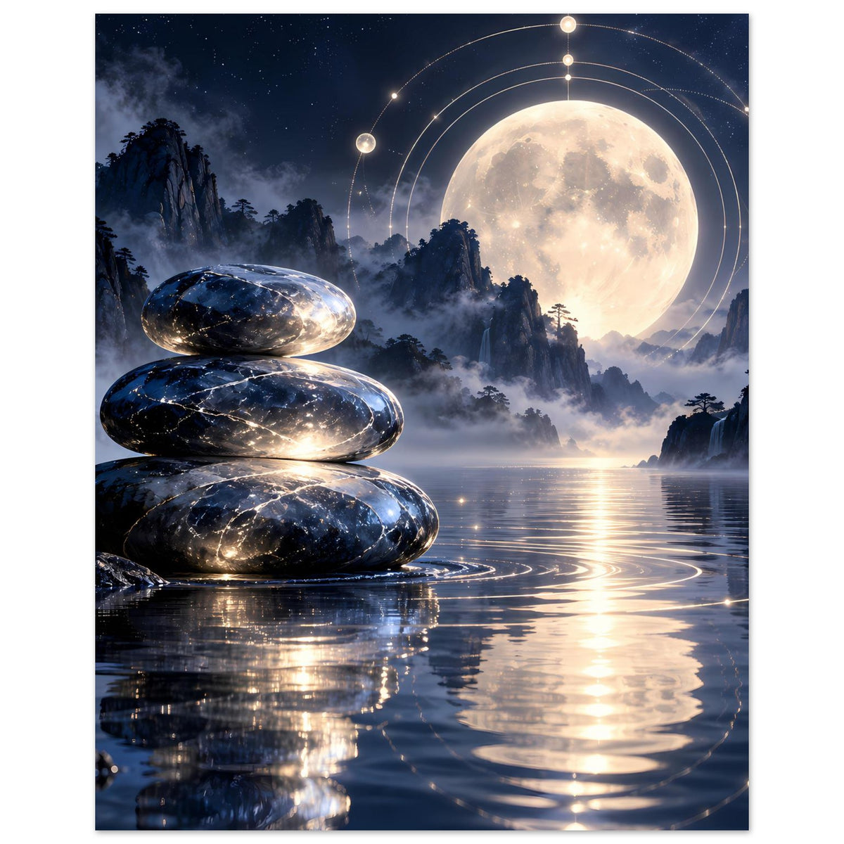 Vertikales Poster mit Zen-Steinen, Vollmond, Kreisen und Sternenhimmel
