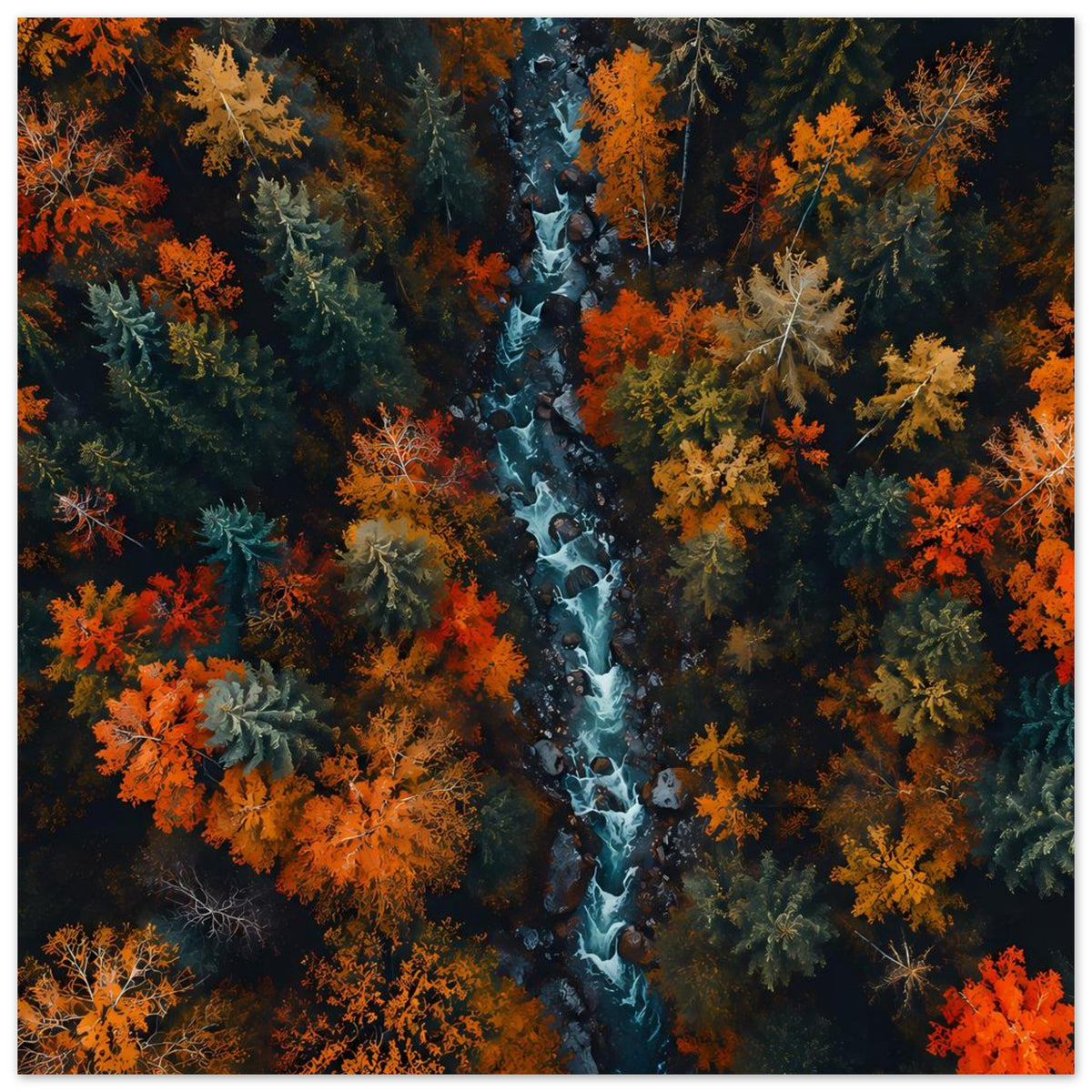 Poster mit Herbstwald und gewundenem Fluss, kräftige Orange- und Grüntöne
