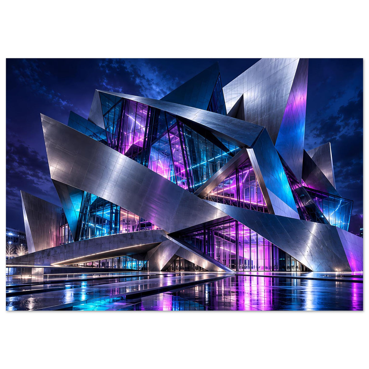 Futuristisches Architekturposter, Querformat: futuristisches Metallgebäude mit magenta-blauen Reflexen