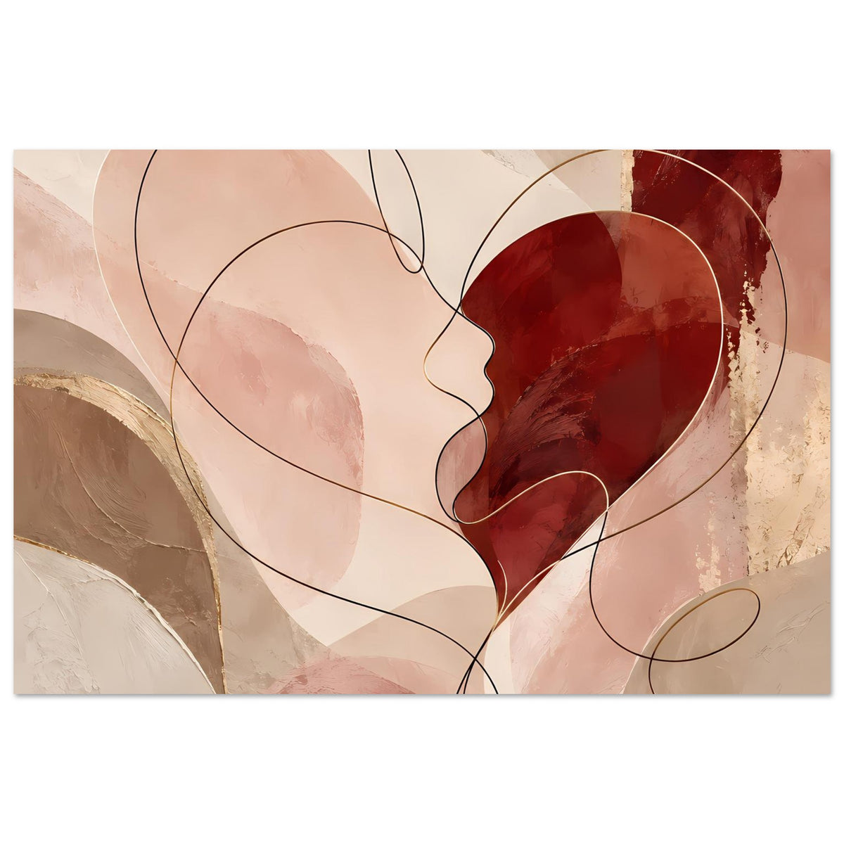 Abstraktes Herzposter, warmes Beige-Rosa mit dunkelrotem Herz und geschwungenen schwarzen Linien