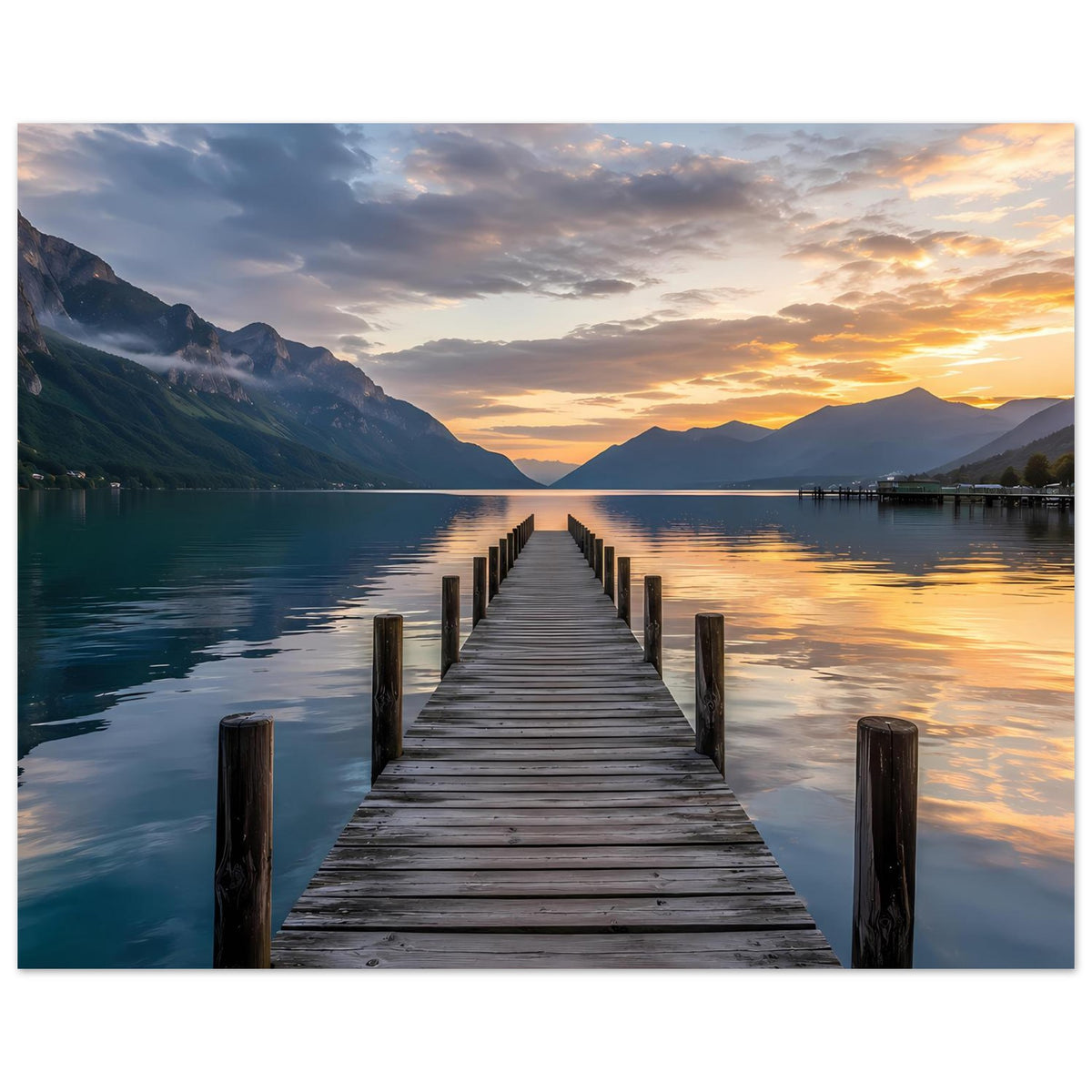 Poster mit Steg über Wasser bei Abendlicht, Berge in der Ferne, ruhige Seeoberfläche
