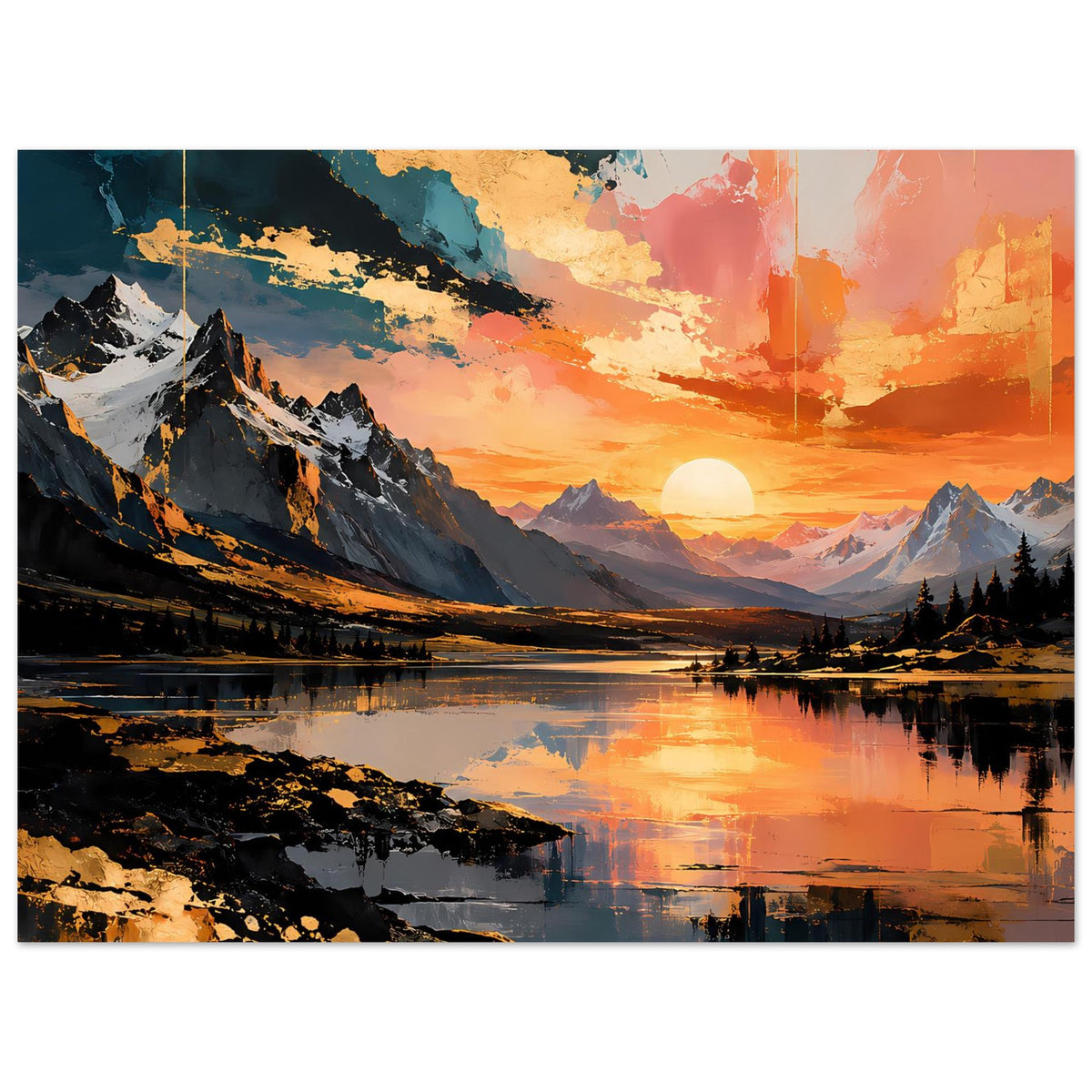 Horizontales Poster der Berglandschaft: Sonnenuntergang über See, Reflexionen im Wasser.
