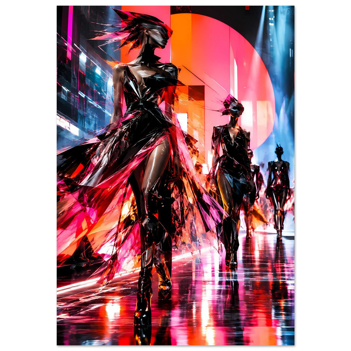 Neon-Mode-Poster mit Laufsteg-Silhouetten: vorderes Model im Schwarz-Rot-Pink Glanz, Ganzfigur