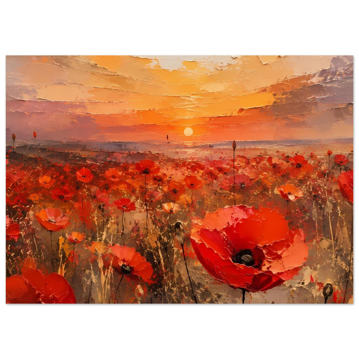 Horizontales Poster: rote Mohnblumen im Feld vor orangefarbenem Abendhimmel