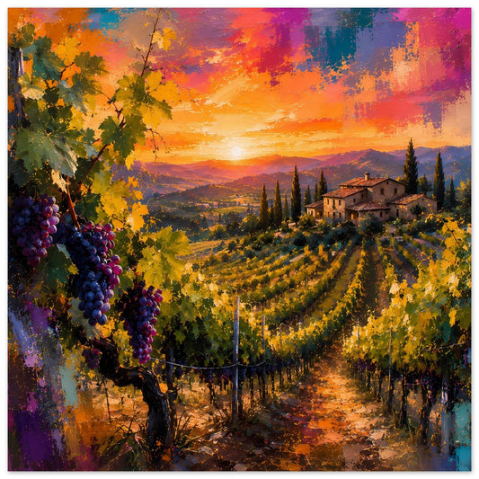 Poster mit Weinberg: Reben mit Trauben, Reihen, Landhaus und Sonne im Sonnenuntergang