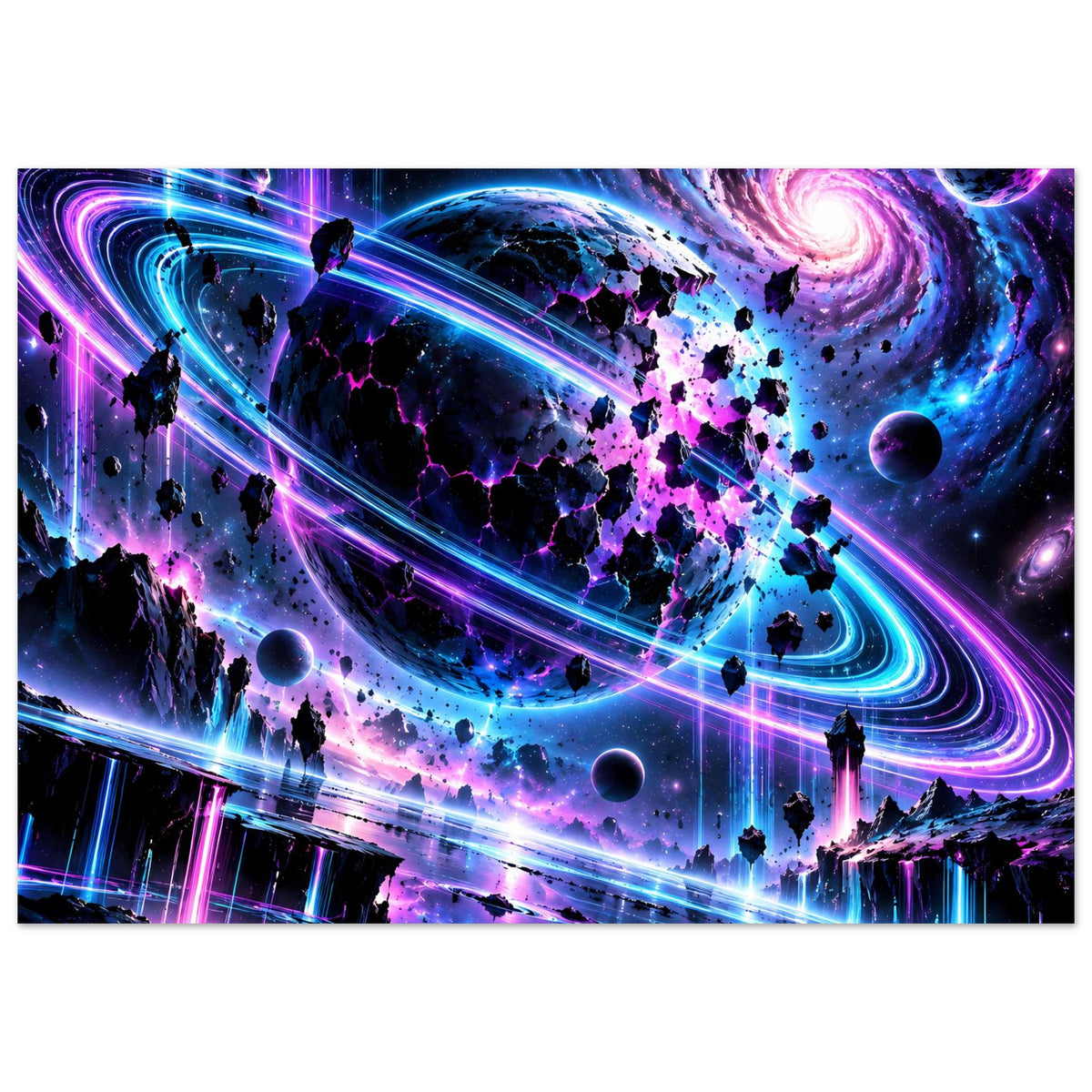 Neon-Kosmos-Poster im Querformat mit Nebelwirbel, Planeten, Lichtbahnen und Silhouetten