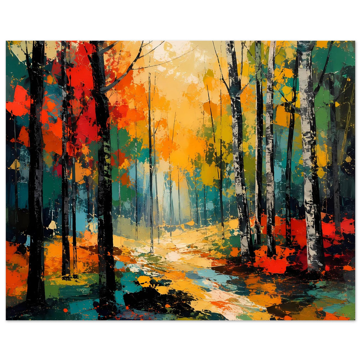 Herbstwald-Poster Querformat, abstrakter Pfad zwischen Bäumen mit orange-blauen Spritzern