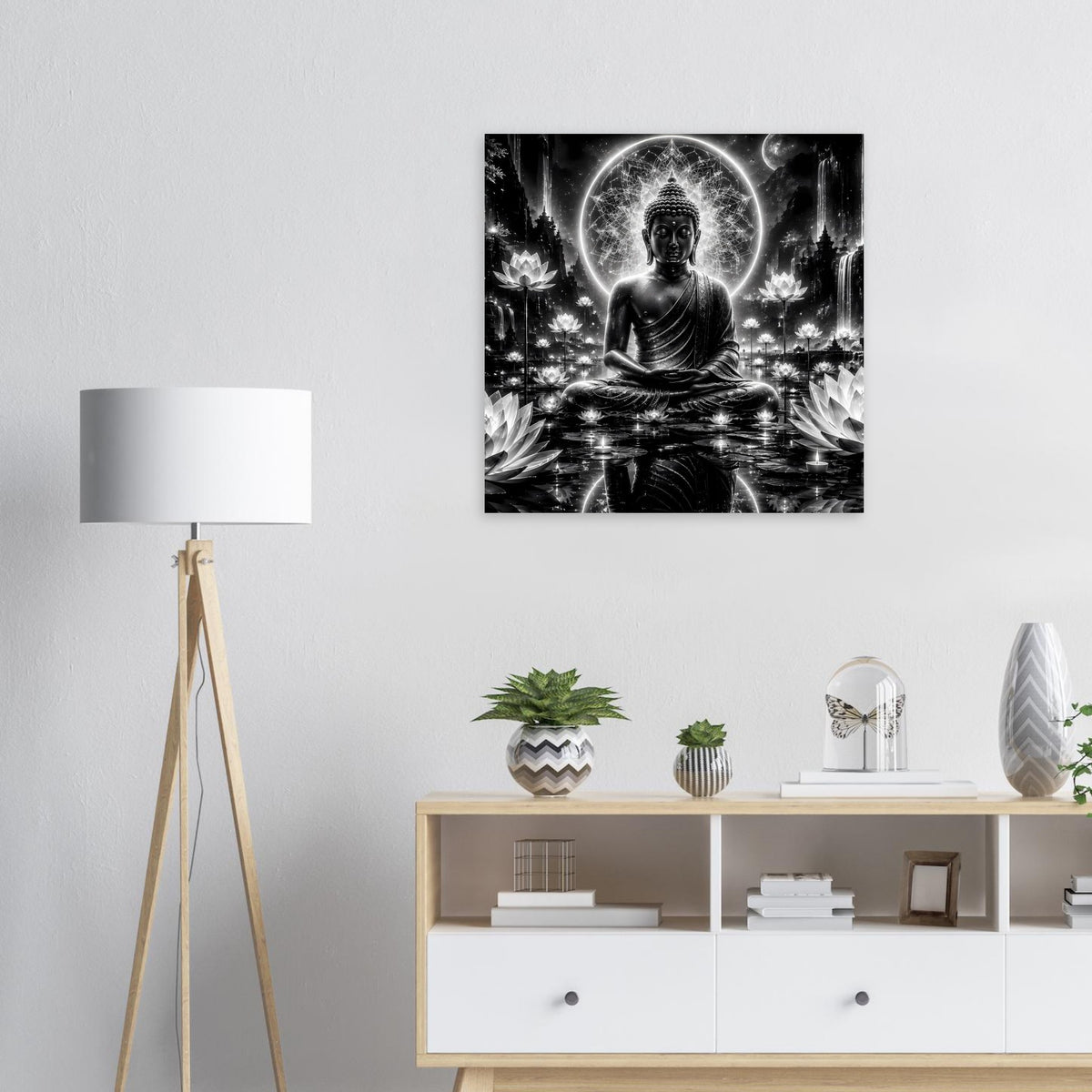 Buddha-Gemälde/Poster in Schwarzweiß: meditierender Buddha mit hellem Kreis-Halo