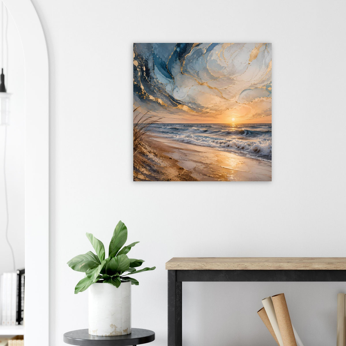 Quadratisches Poster mit Strandlinie und goldenem Horizontlicht, Holzrahmen