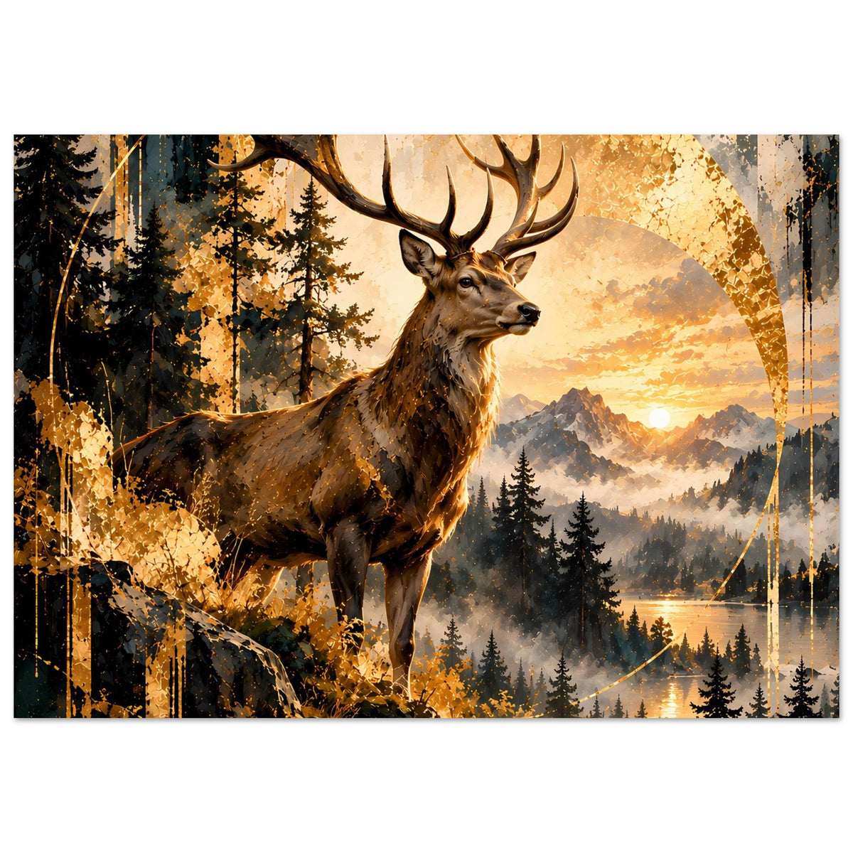Horizontales Poster: Hirsch im Wald vor goldenem Sonnenuntergang, großer Halbkreis