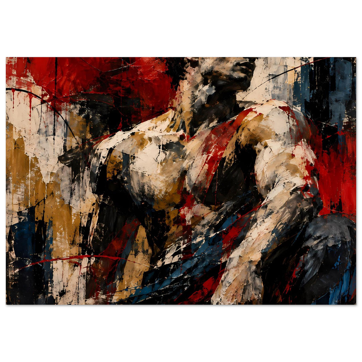 Abstraktes Muskelkunst-Poster mit Pinseltextur, Torso in dunklem Schwarz, Rot und Beige