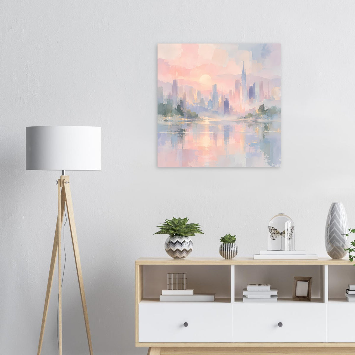 Abstraktes Poster: pastellfarbene Stadtsilhouette mit Spiegelung in Blau und Rosa