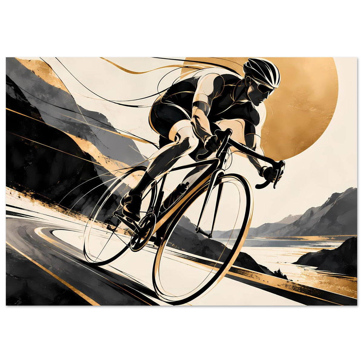 Sportposter im Querformat: Rennradfahrer in Schwarz und Gold, dynamische Bahnlinien