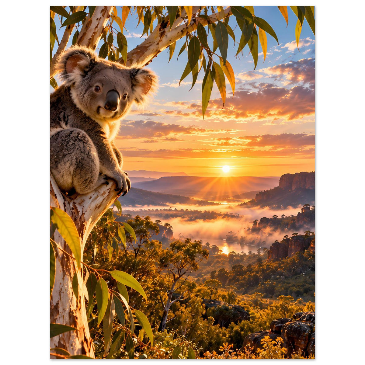 Koala-Poster: Koala auf Ast, Sonnenuntergang über weiten Hügeln mit Nebel