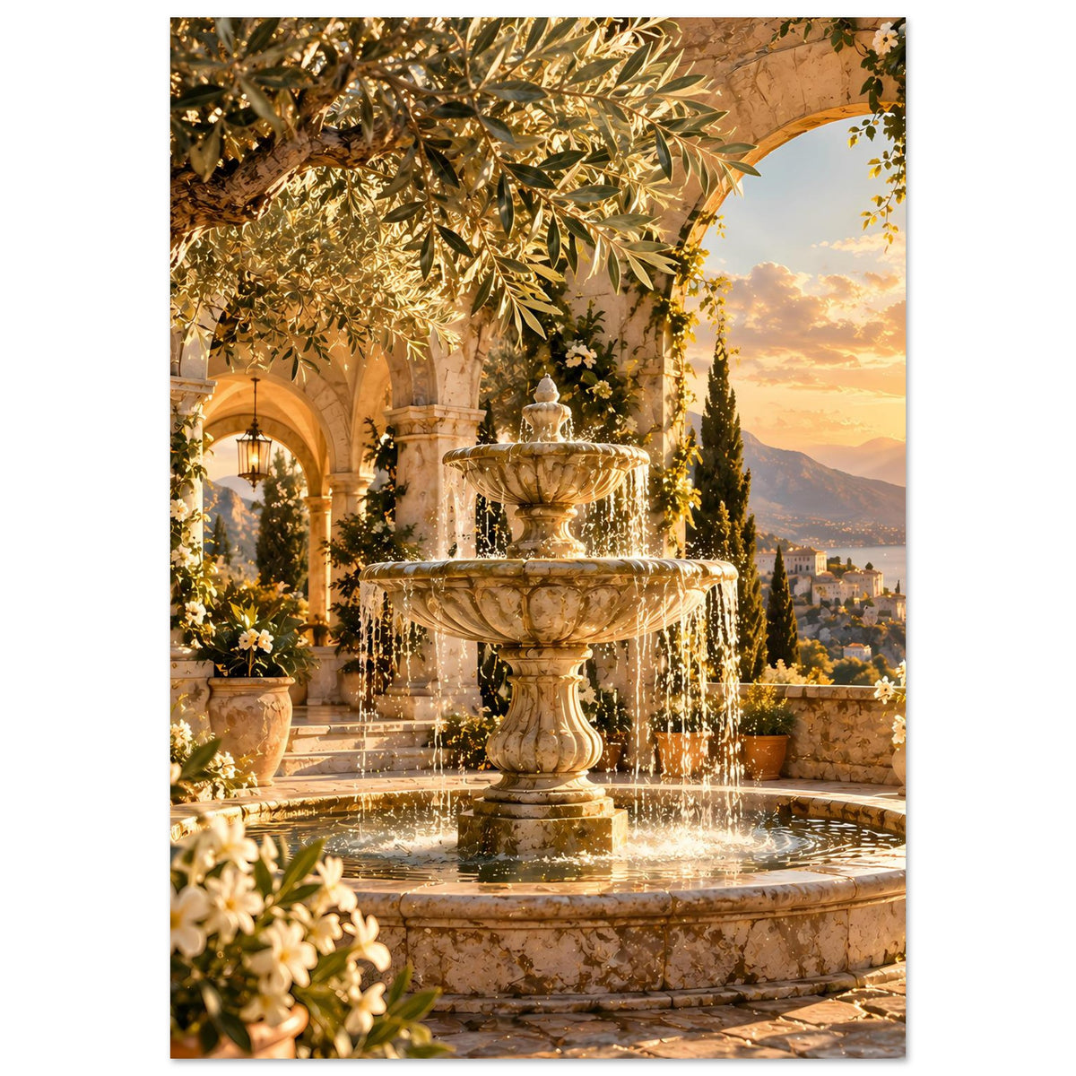 Kunstposter: Brunnen und Fontäne im Vordergrund, goldene Blattzweige, Sonnenuntergangshimmel