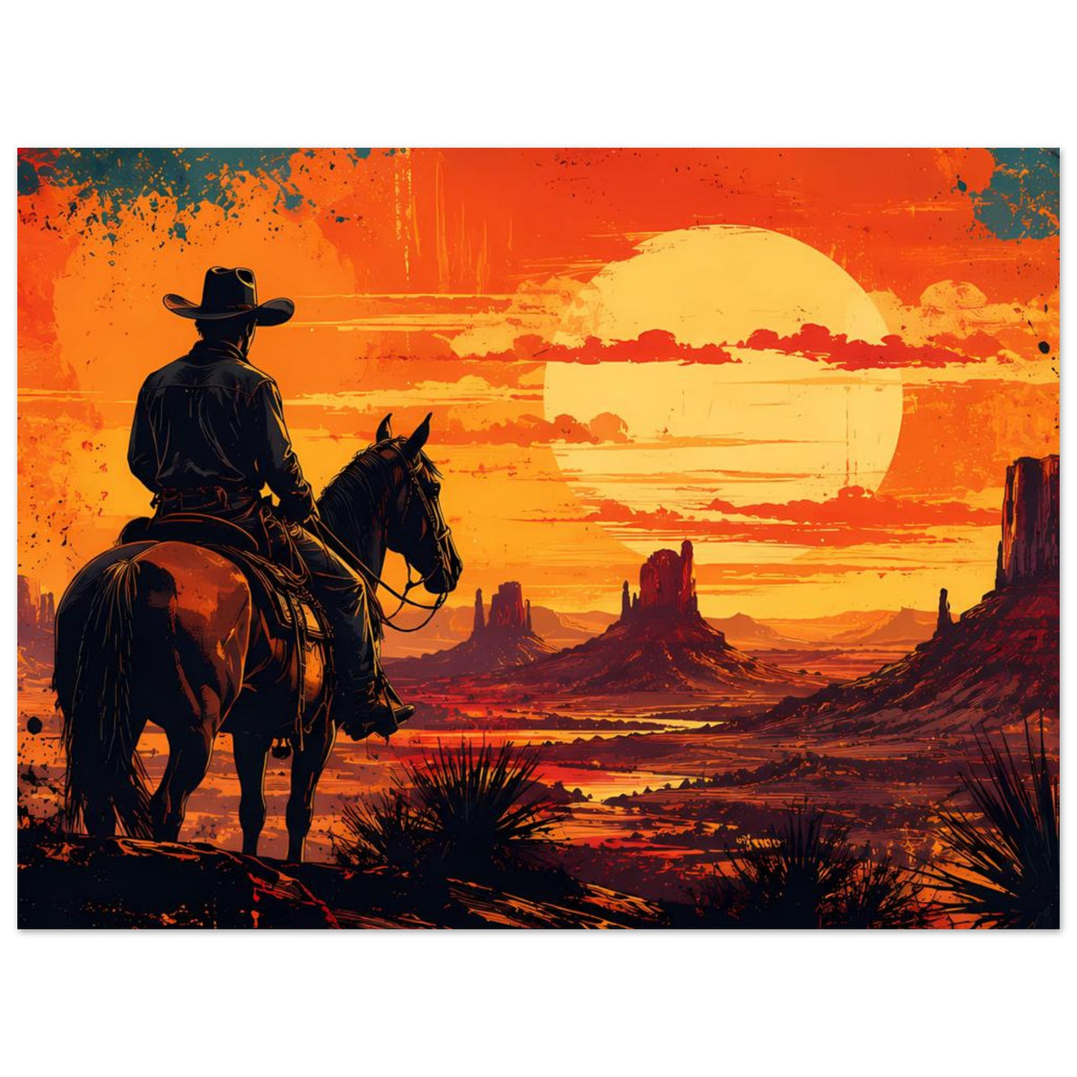 Cowboy-Silhouette auf Pferd, Poster mit großer gelber Sonne über Tafelbergen im Orange-Rot-Design