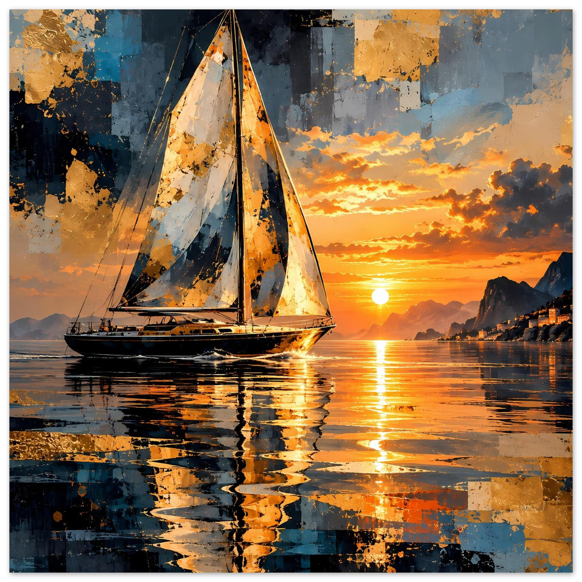 Querformat-Poster mit Segelboot, abstrakten Farbflecken und Sonnenuntergang am Wasser