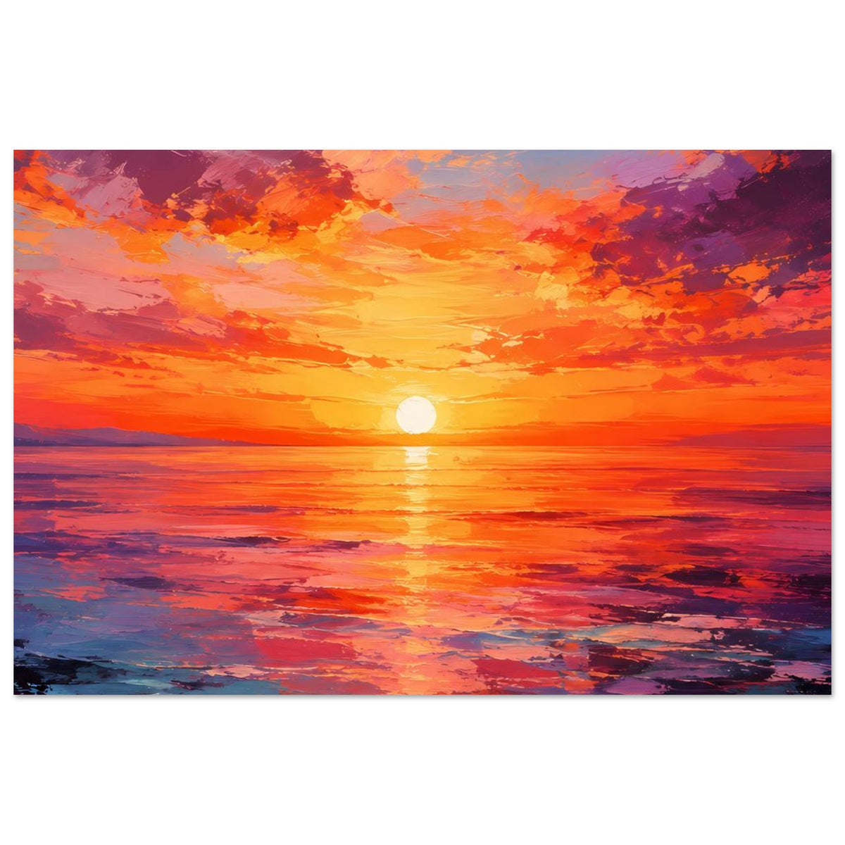 Querformat-Poster mit Sonnenuntergang über dem Meer, orange-gelber Himmel und Violett