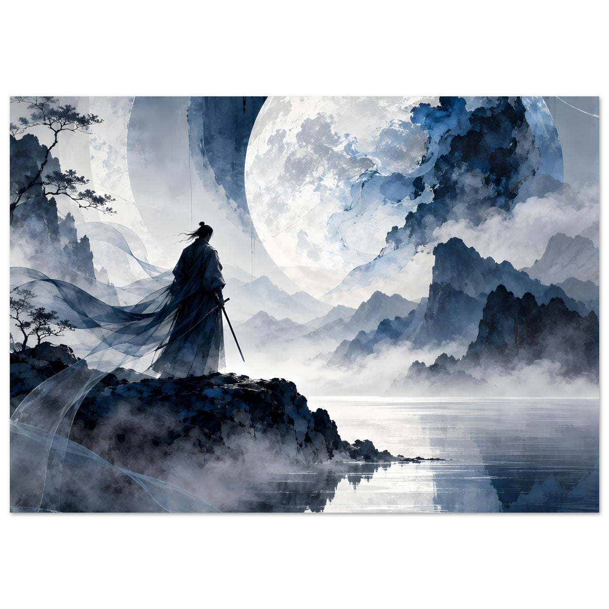 Matte Poster mit Samurai-Silhouette, großer Mondscheibe, Bergnebel und spiegelndem Wasser