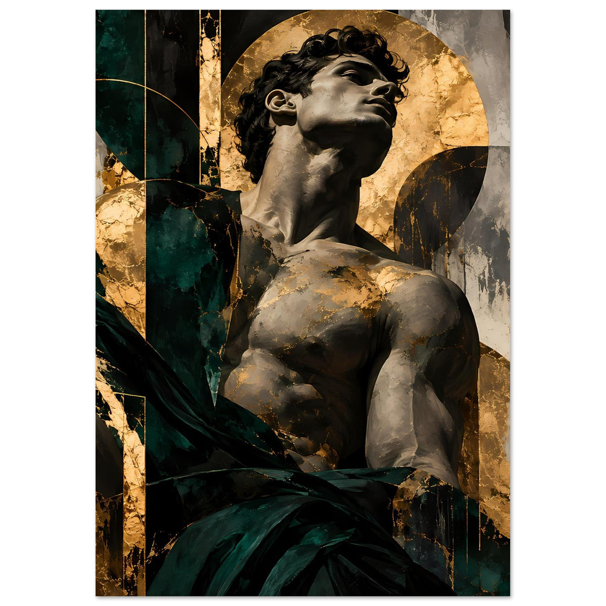 Kunstposter mit Brustbild einer Statue, umrahmt von goldenen Ovalen und grünen Flächen