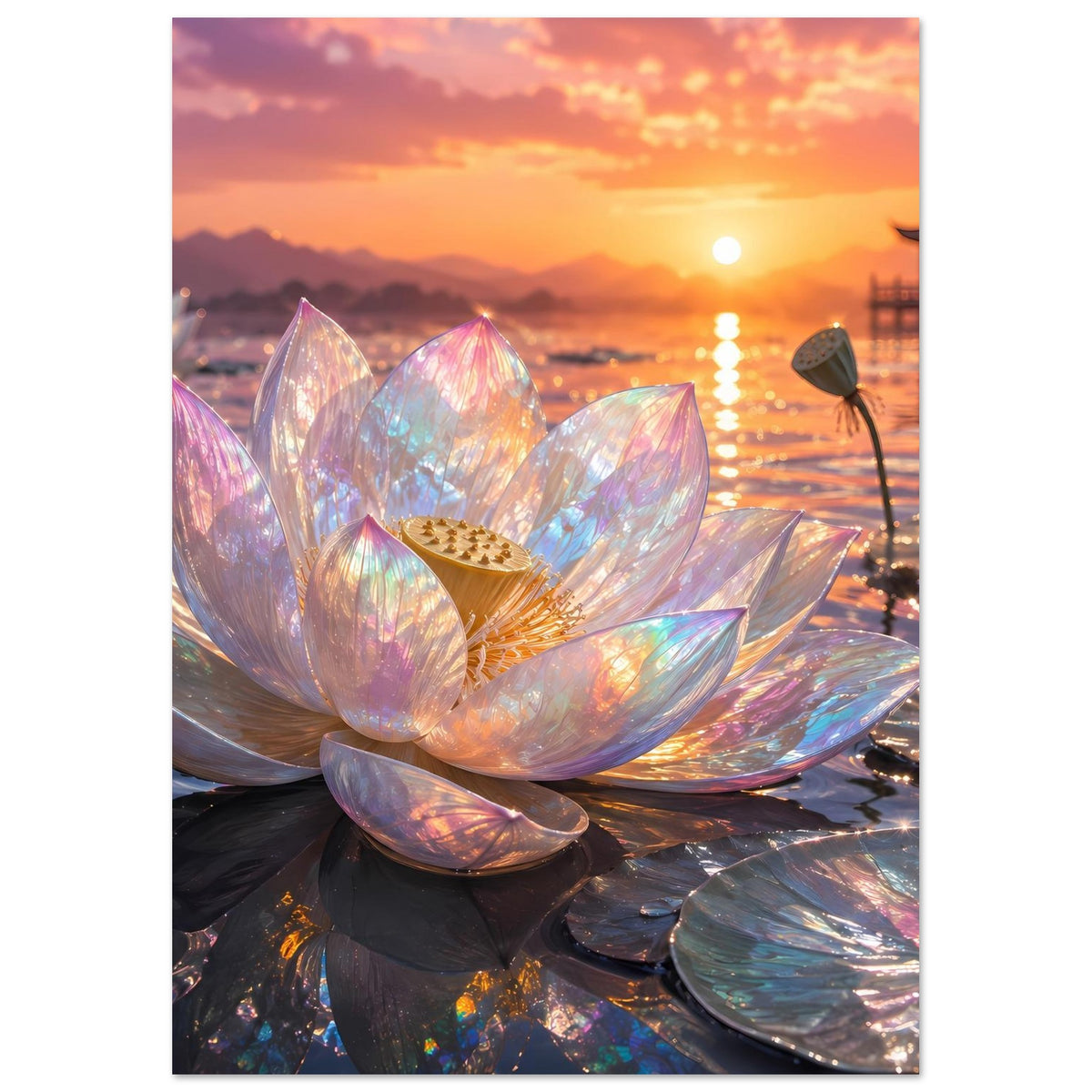 Poster mit irisierender Lotusblüte, schillernde Blütenblätter in Weiß und Violett