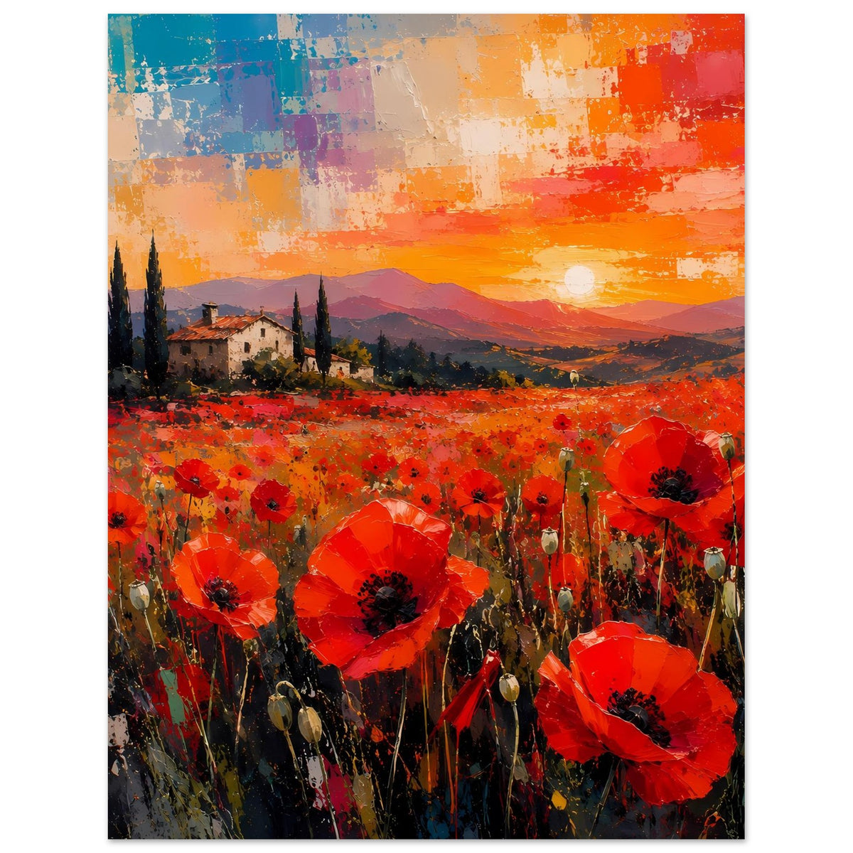 Poster mit rotem Mohnblumenfeld und orangefarbenem Sonnenuntergang über der Bergkette