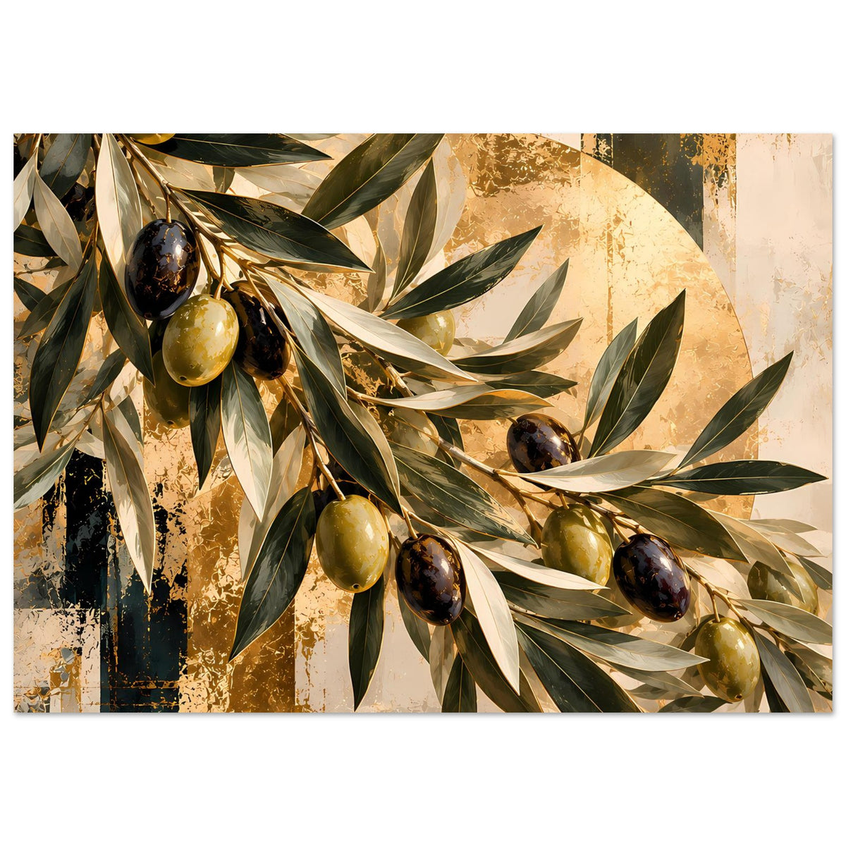 Kunstposter mit Olivenzweigen und Oliven in Grün, Gold und Dunkelbraun, querformatig