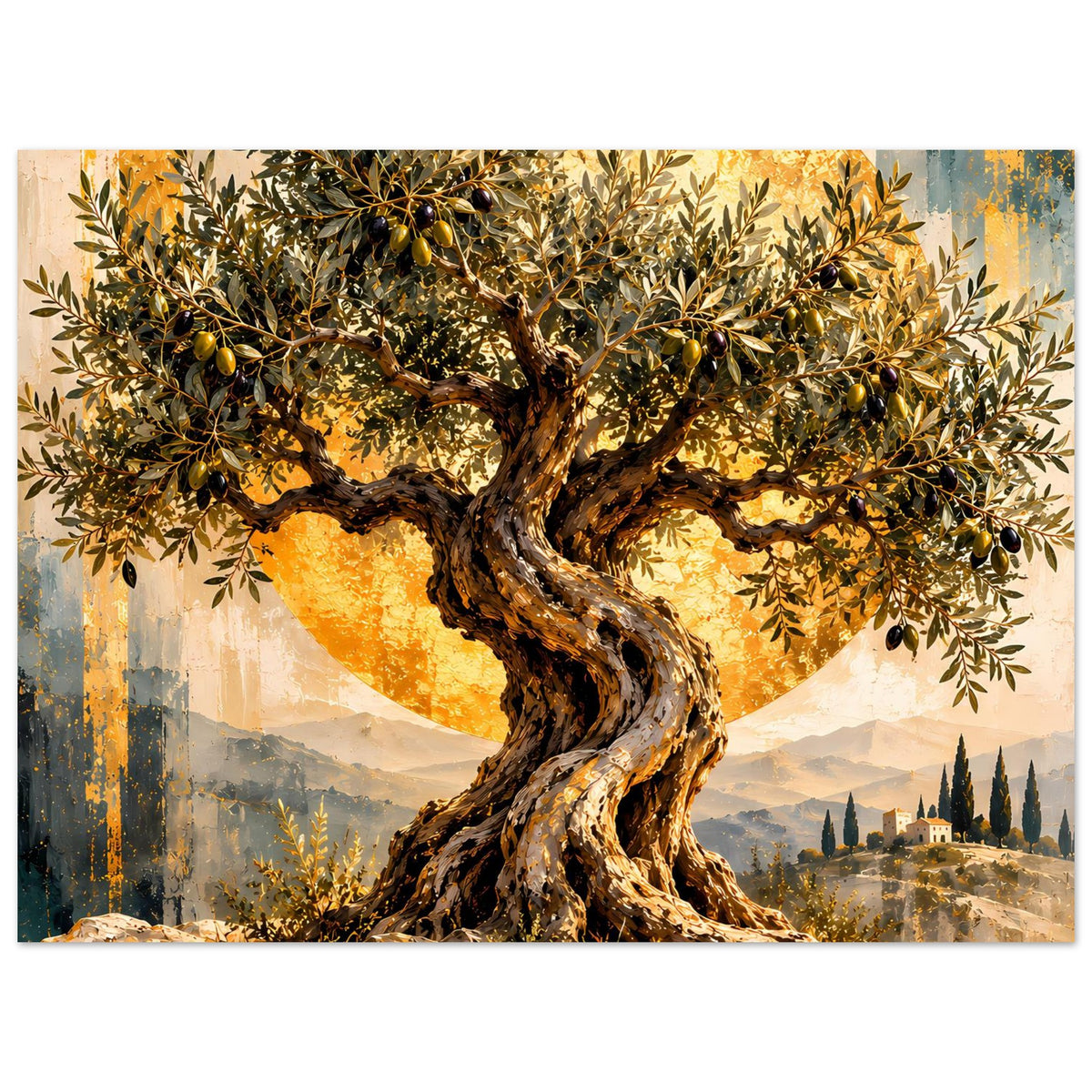 Wandposter Olivenbaum mit goldenen Blättern, Sonnenkreis und Berglandschaft im Hintergrund