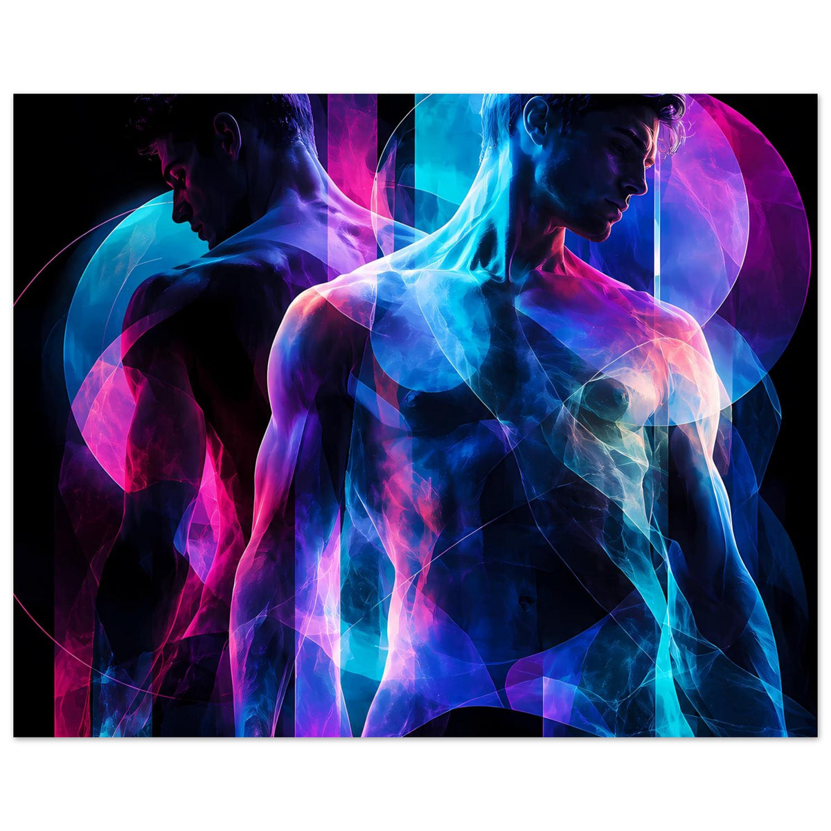 Kunstposter mit neonabstraktem Doppelportrait, klare Vorderansicht der vorderen Figur