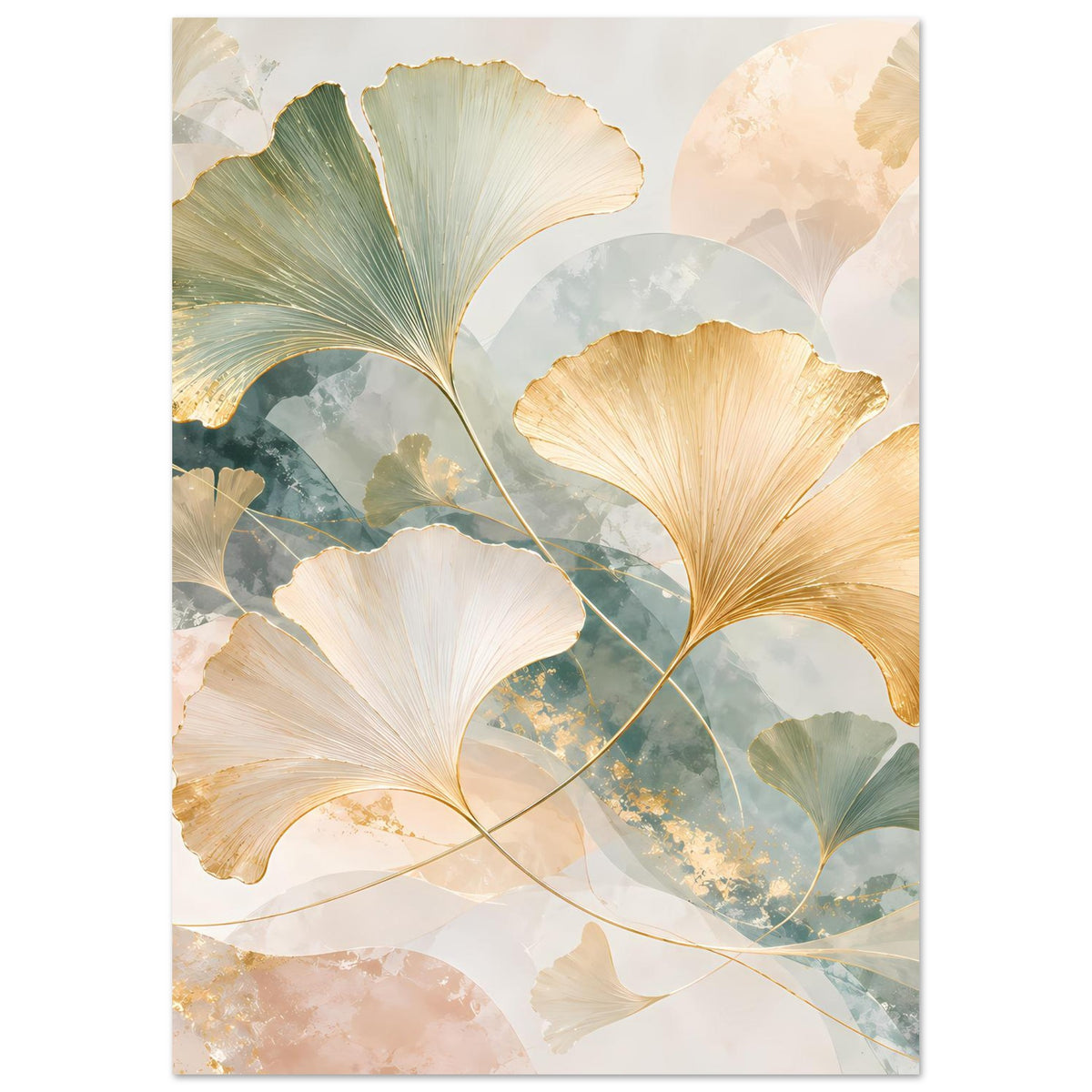 Poster mit Ginkgo-Blättern mit Goldakzenten in Pastellfarben, hochformat