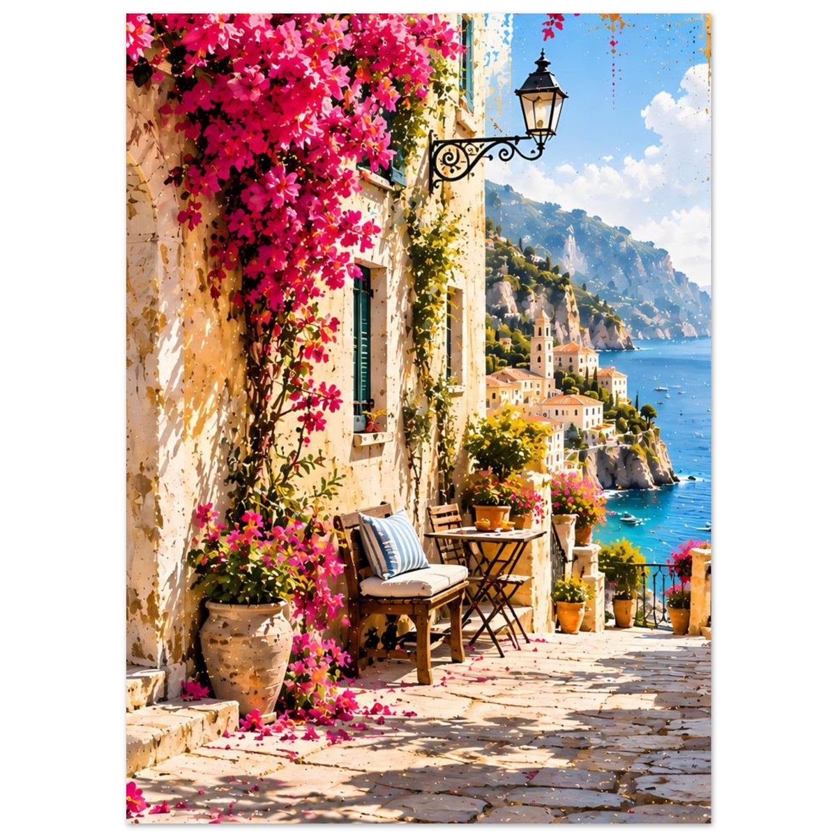 Vertikales Poster mit Küstengasse, pinken Blüten, Lampe und Häusern am Meer