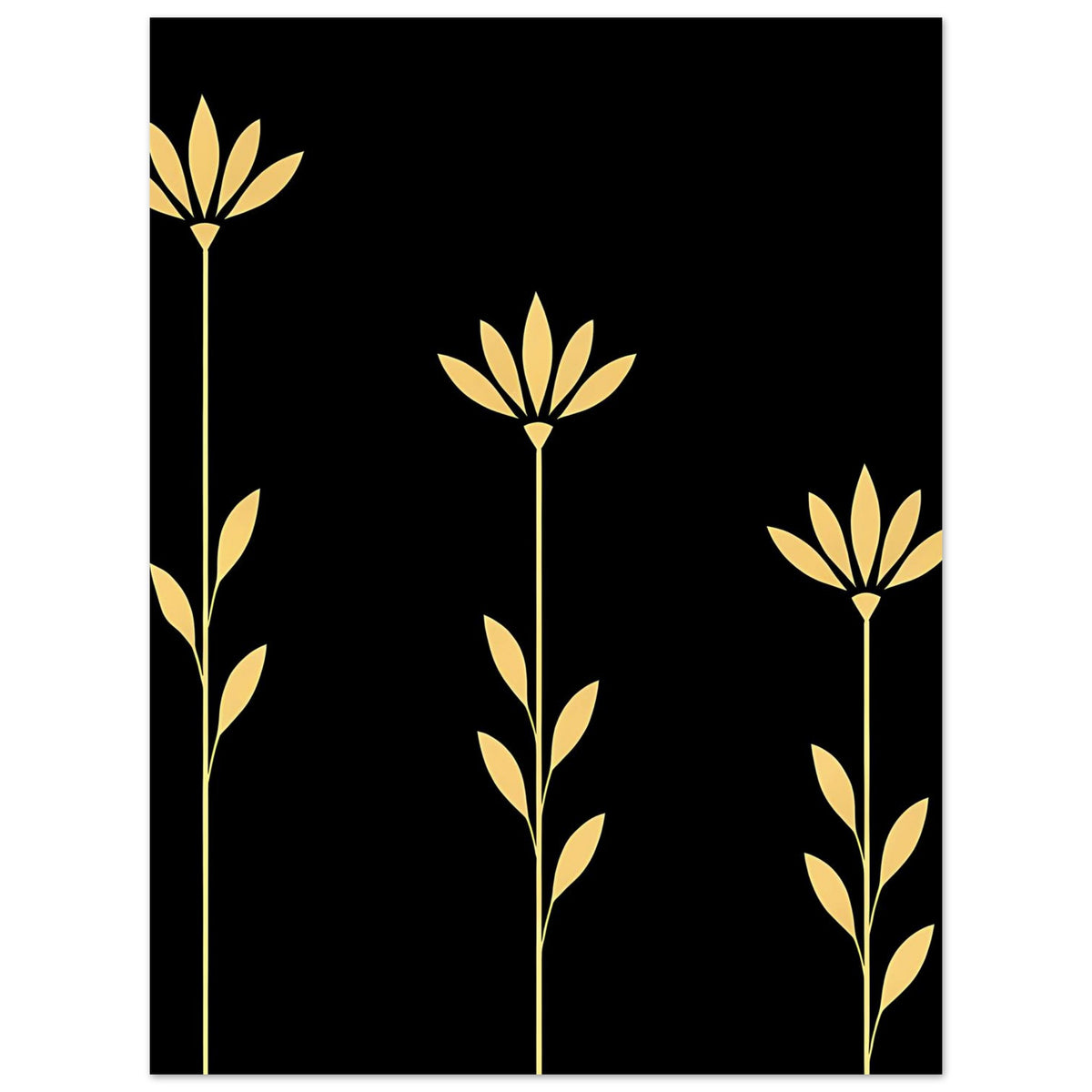Botanisches Gold-Blumenposter mit vier Stielen und Blüten auf schwarzem Hintergrund, vertikal