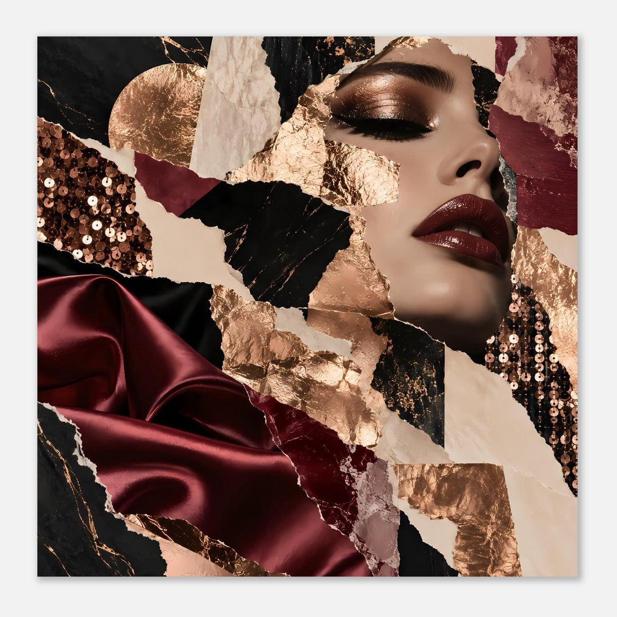 Poster im Querformat: Frauenprofil-Collage, bordeauxroter Satin, Goldfolie und Paillettenstreifen
