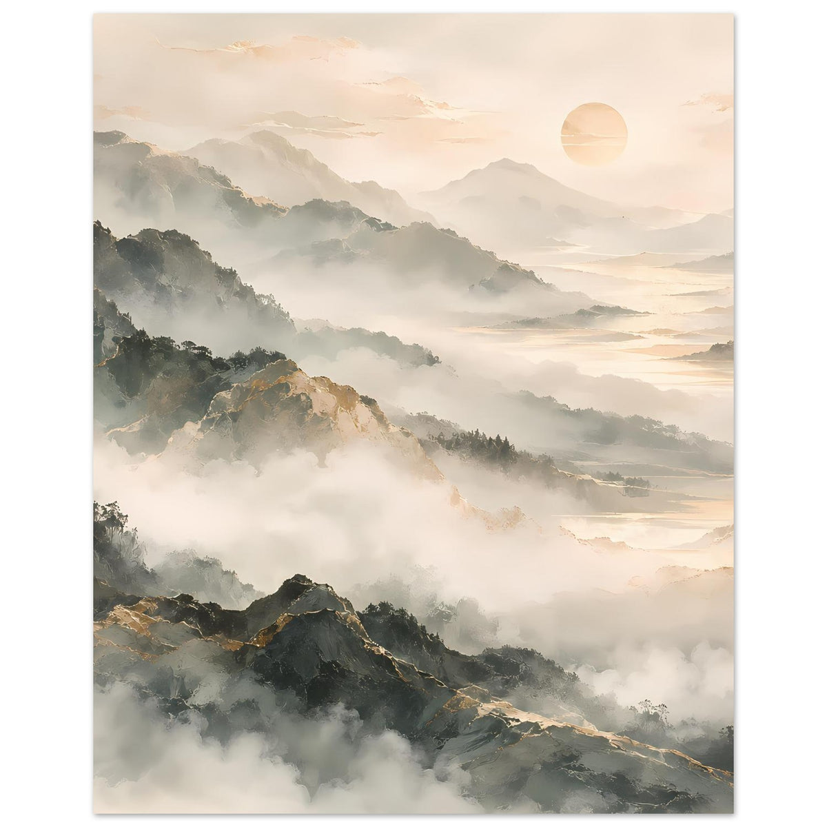 Poster mit bergiger Landschaft im Nebel, goldene Sonne und weiche Wolkenlinien